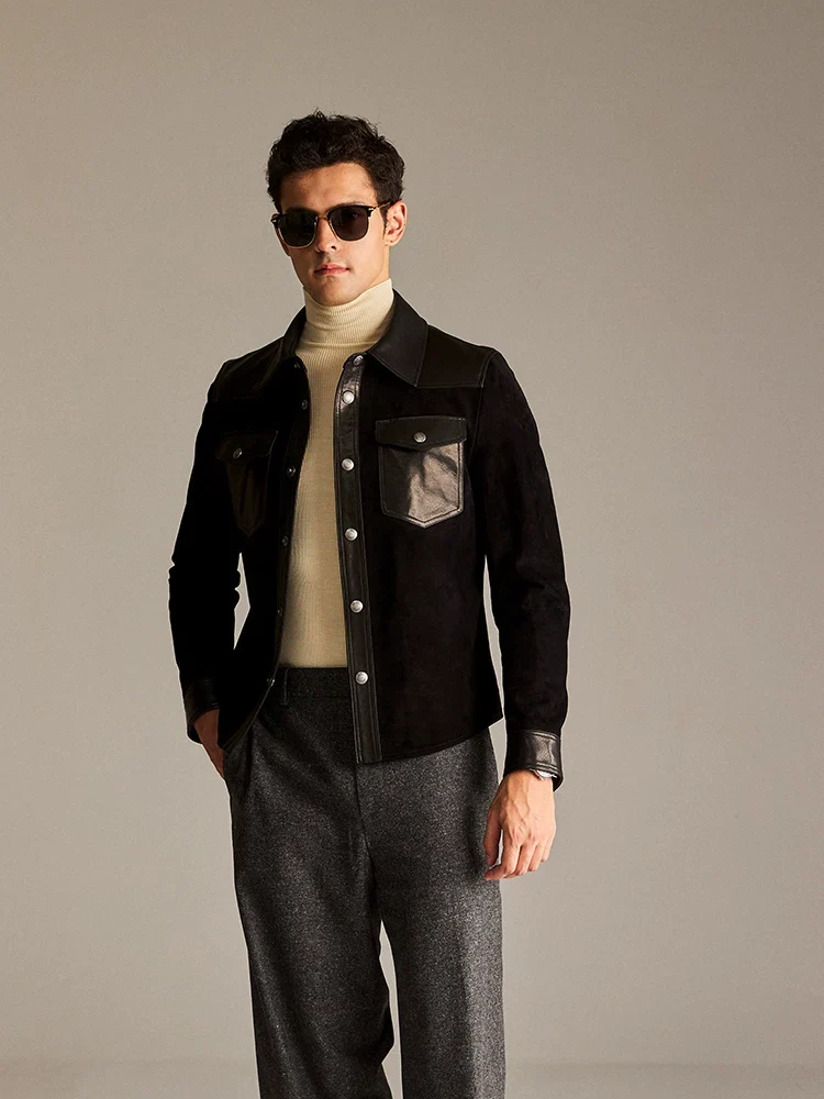 Black Suede-Leather Snap Shirt Jacket - Image 2