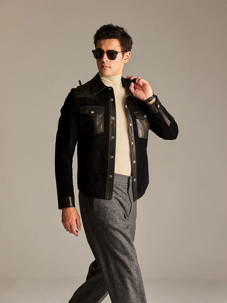 Black Suede-Leather Snap Shirt Jacket - Image 5