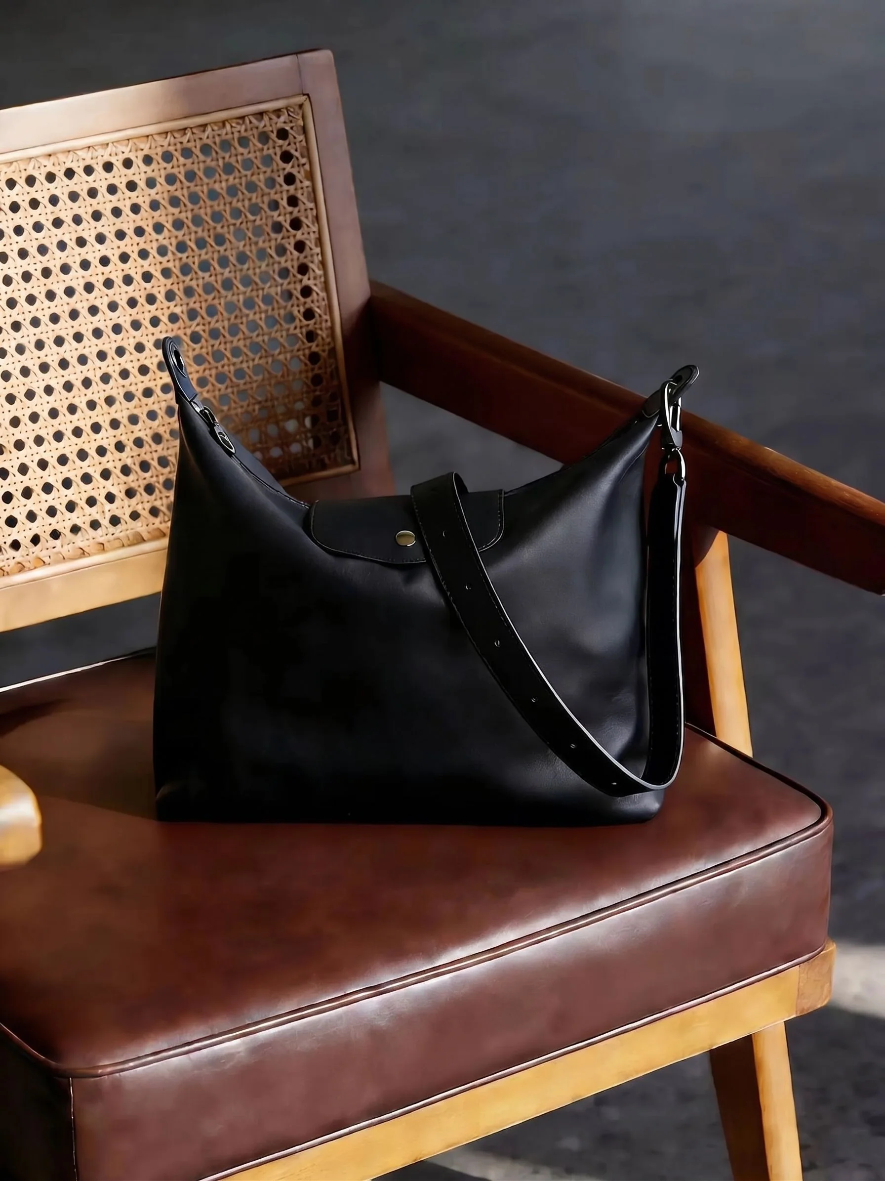 Black Top Grain Leather Hobo Bag