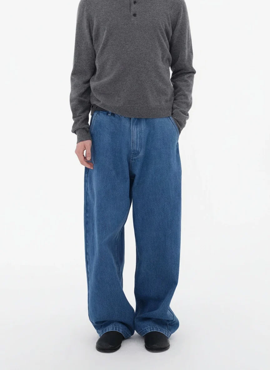 Blue Oversized Wide-Leg Washed Denim Jeans