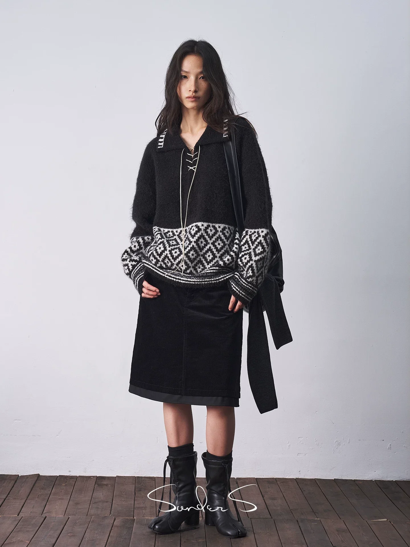 Bouclé Fair Isle Lace-Up Sweater - Image 3