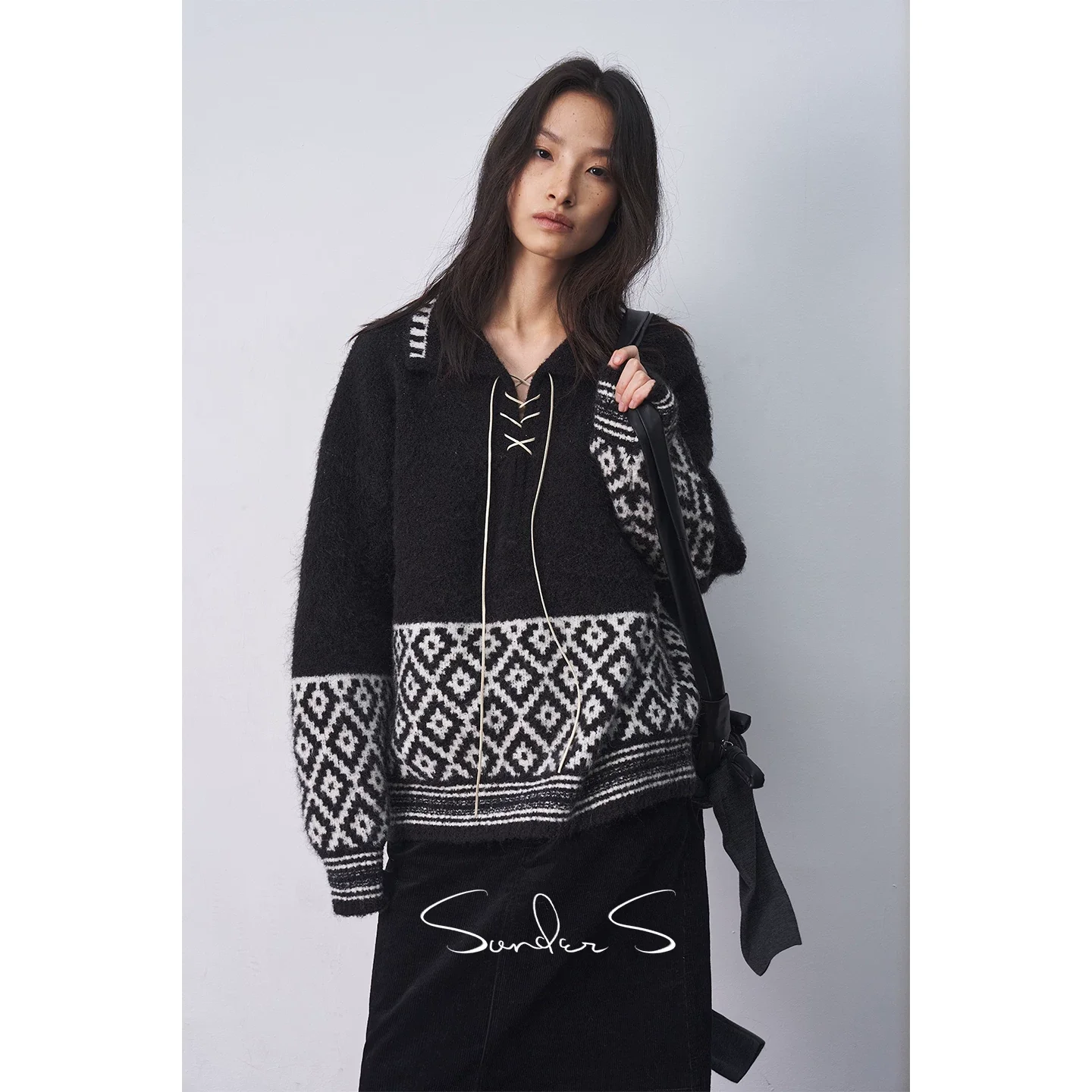 Bouclé Fair Isle Lace-Up Sweater - Image 4