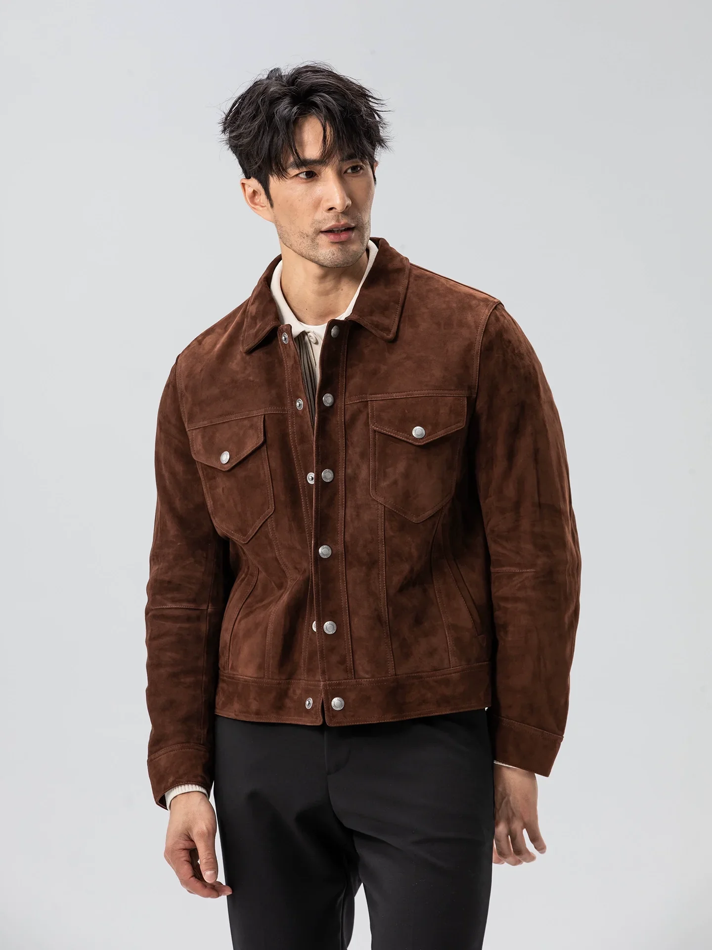 Brown Lamb Suede Trucker Jacket