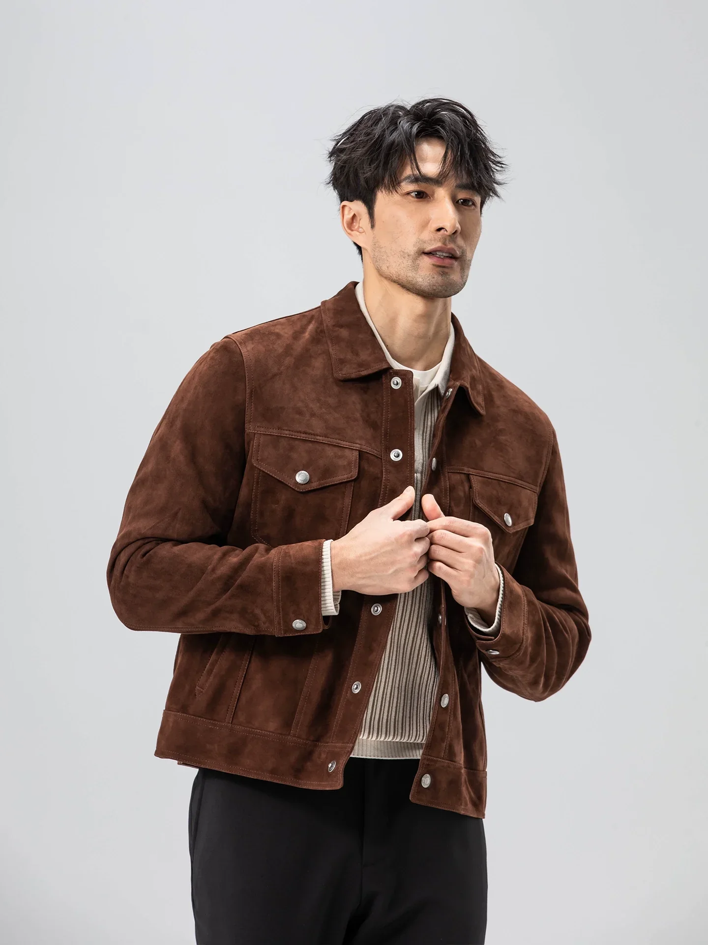 Brown Lamb Suede Trucker Jacket - Image 2