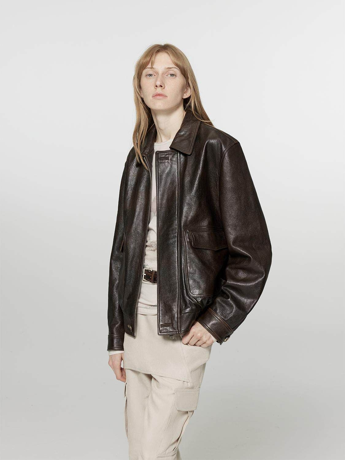 Brown Leather Bomber - Image 2