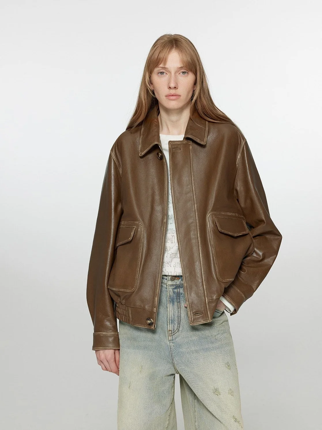 Brown Leather Bomber - Image 9