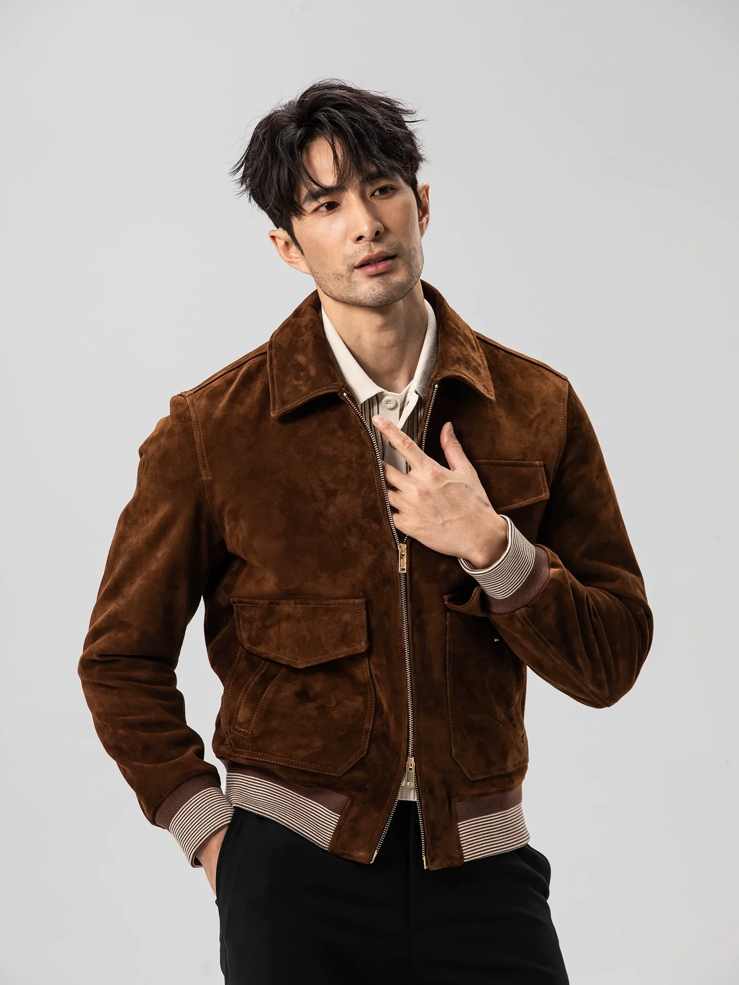 Brown Suede Lambskin Bomber - Image 2