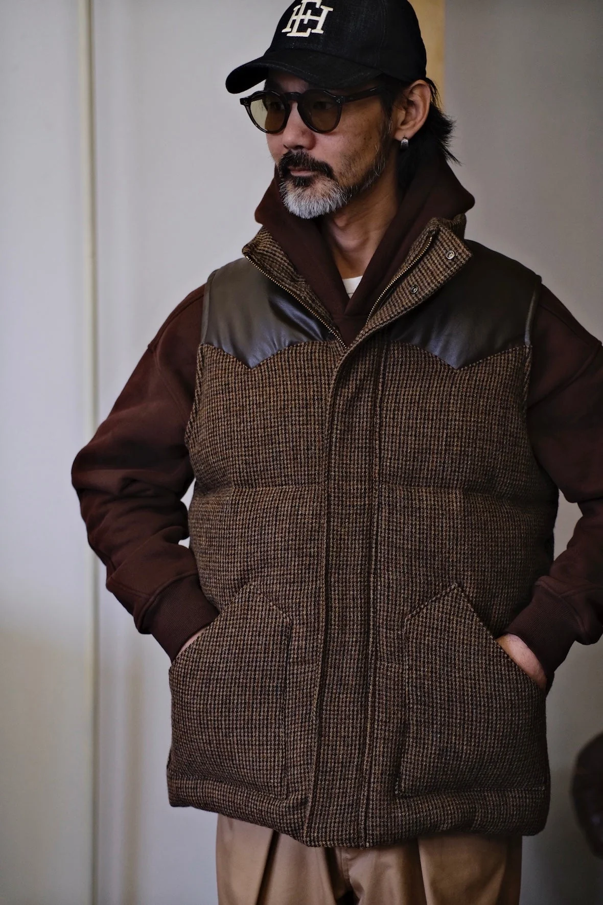 Brown Tweed Faux Leather-Accent Vest