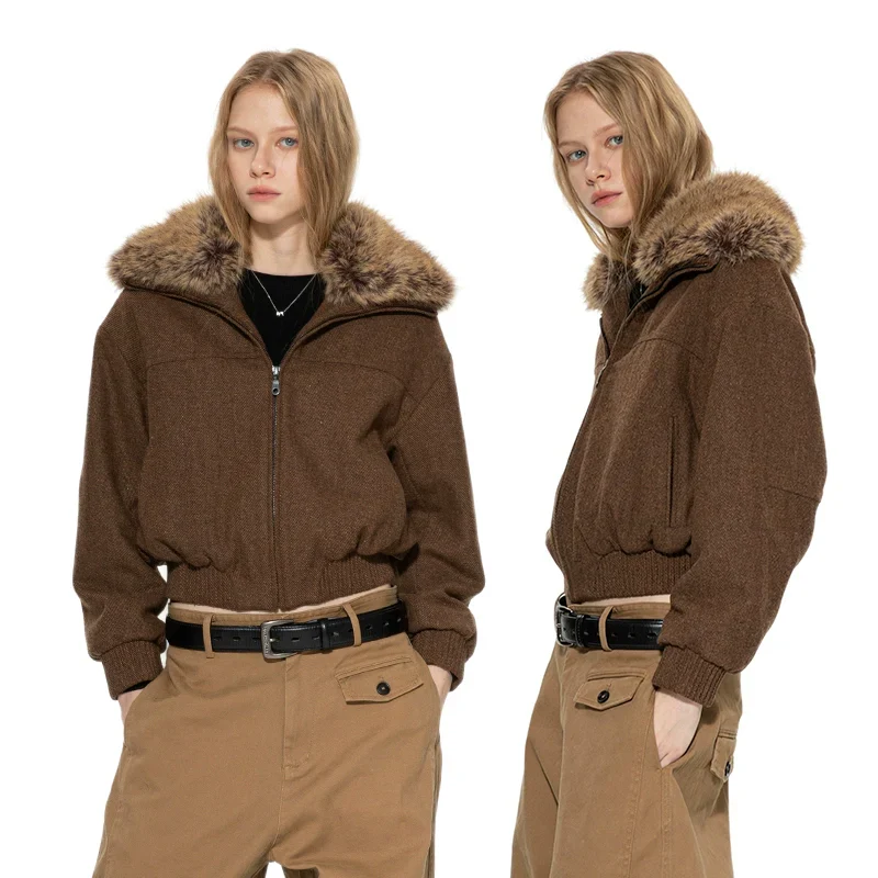 Brown Woolen Faux Fur Collar Jacket - Image 3