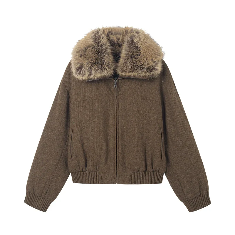 Brown Woolen Faux Fur Collar Jacket - Image 5