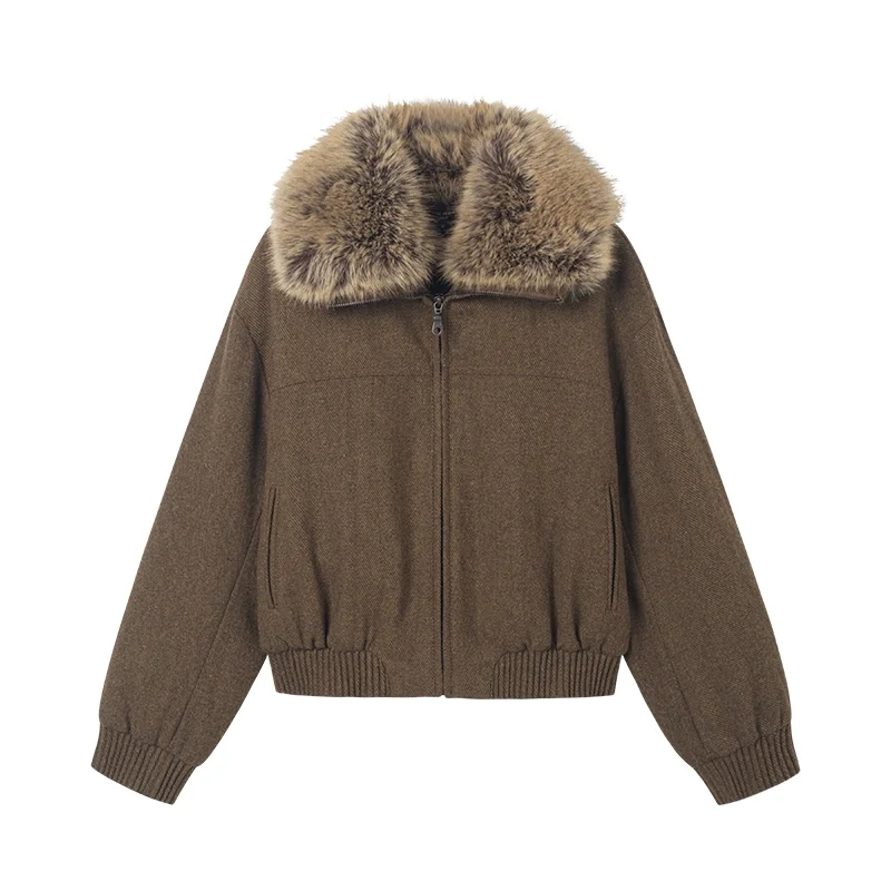 Brown Woolen Faux Fur Collar Jacket - Image 8
