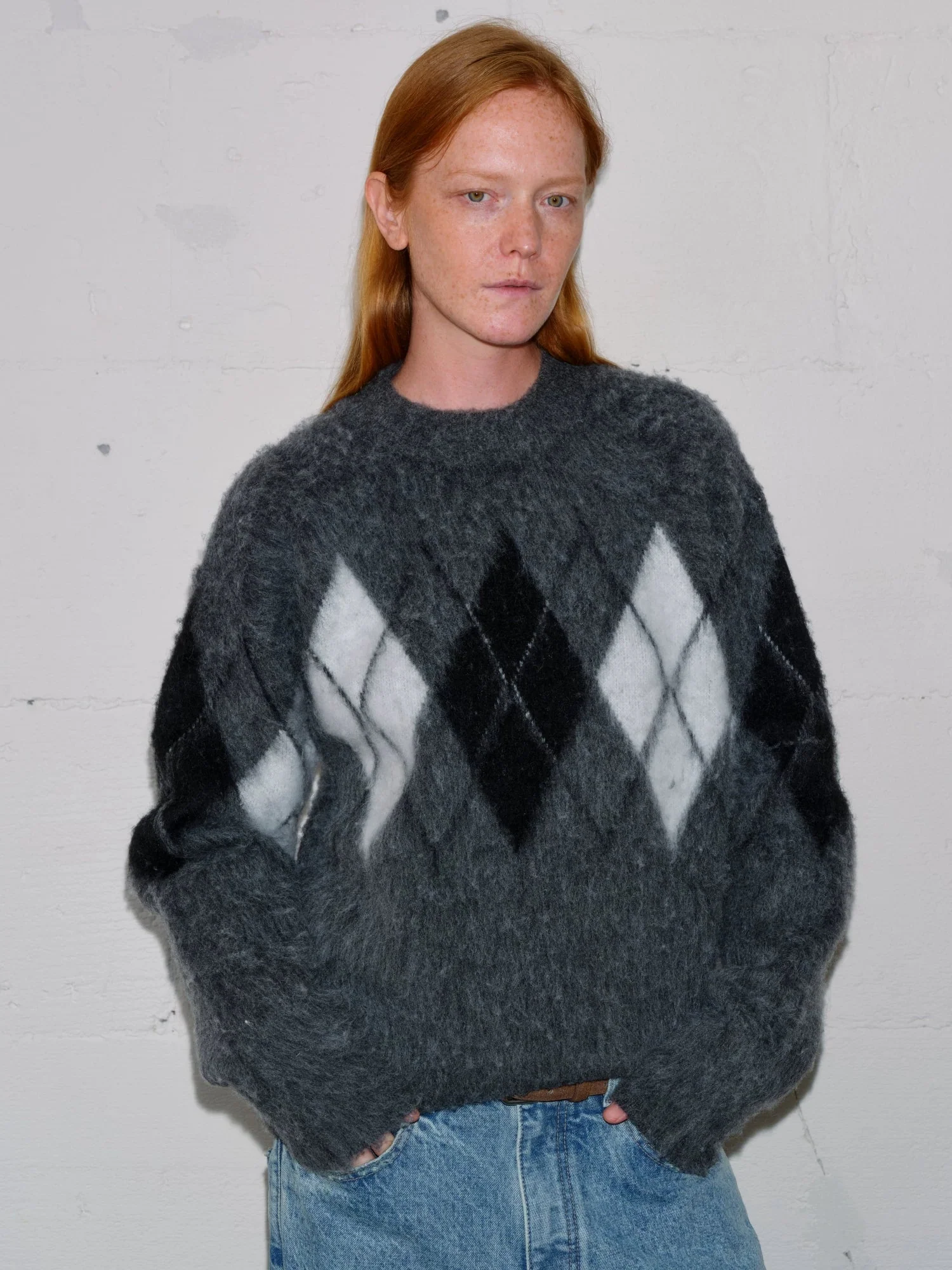 Brushed Argyle Wool-Blend Crewneck