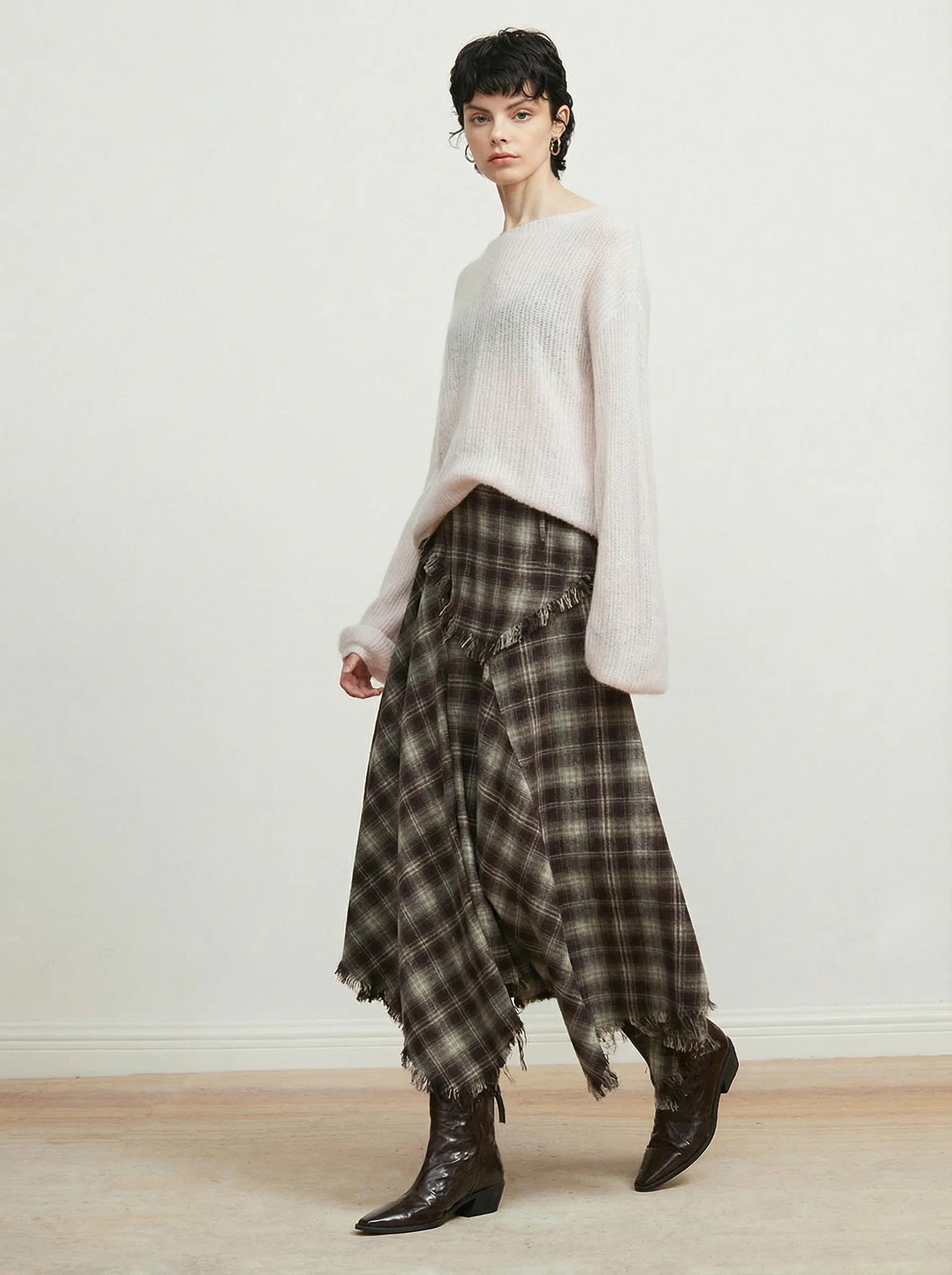 Brushed Plaid Handkerchief Midi Skirt - Image 4