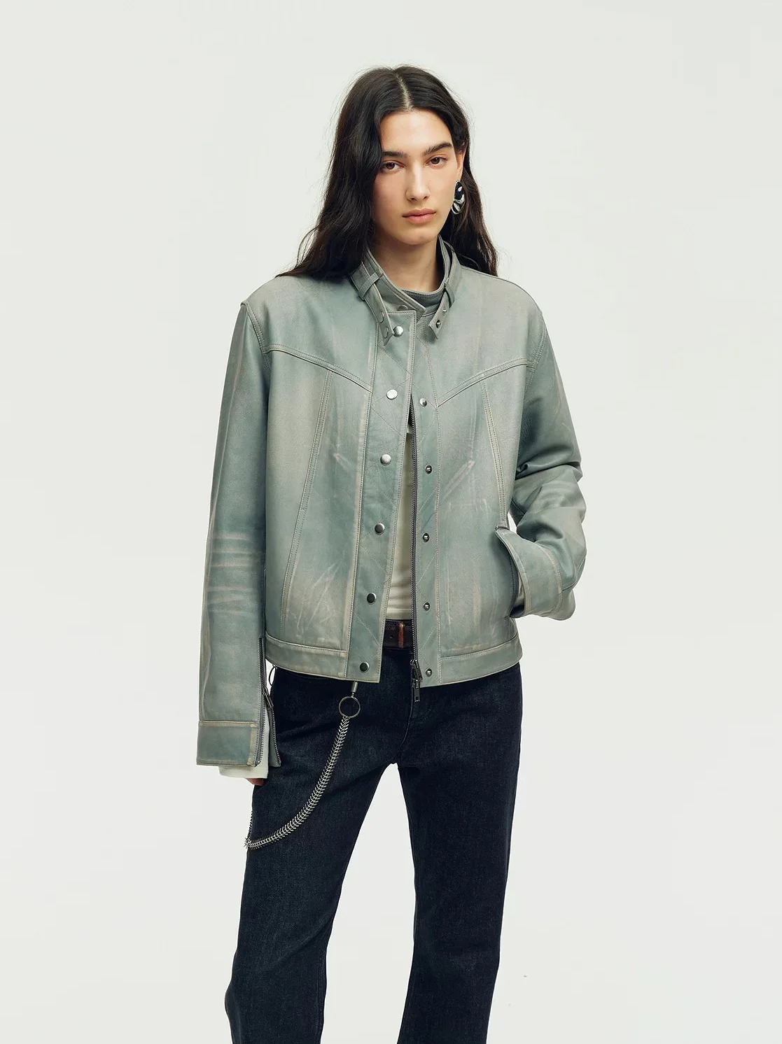 Buckle Collar Leather Jacket - Image 3