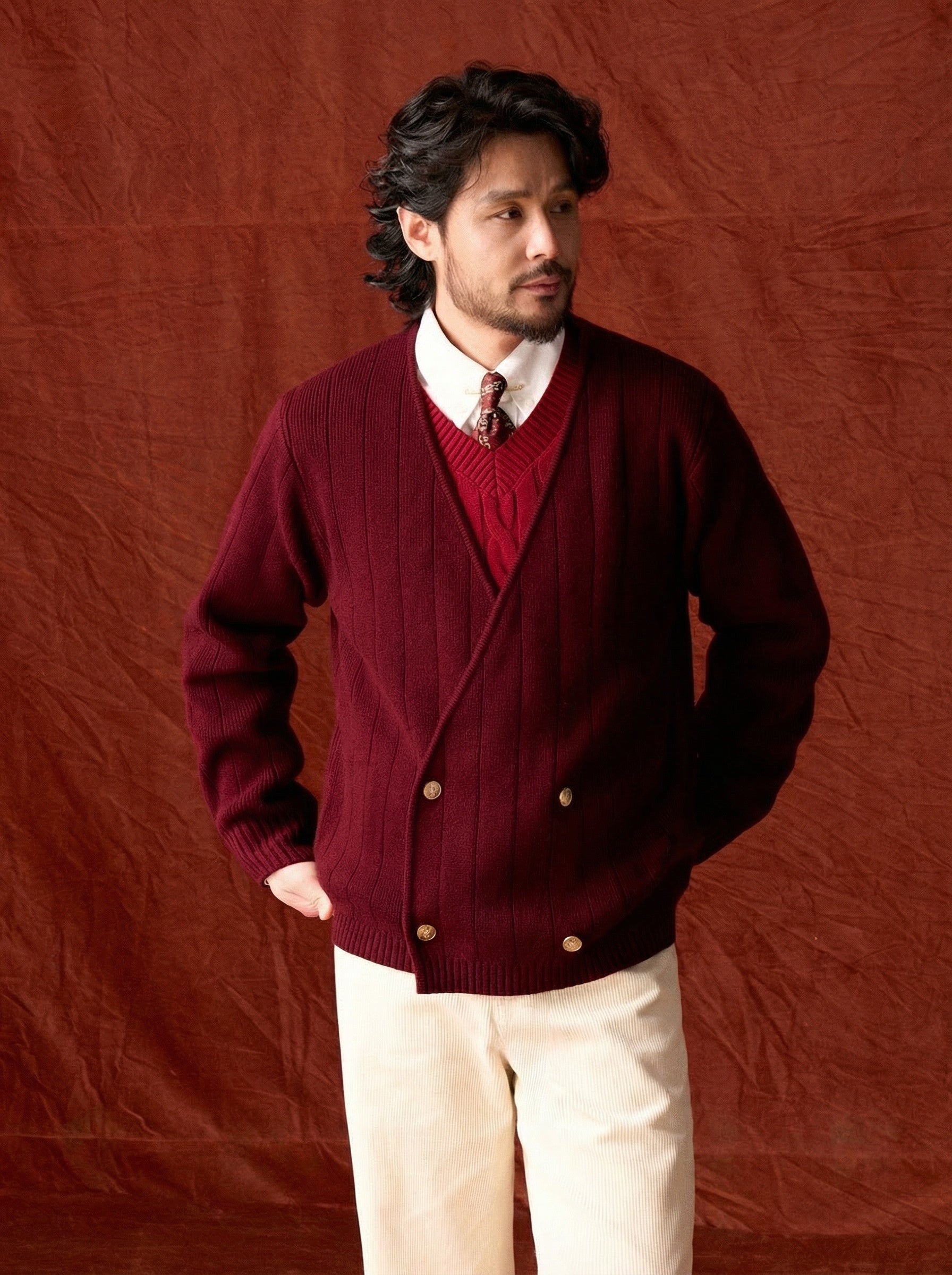 Burgundy Double-Breasted Cardigan