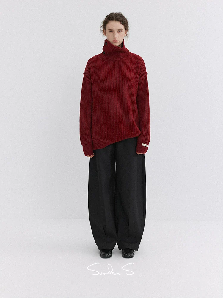 Burgundy Ribbed Convertible-Collar Sweater - Image 3