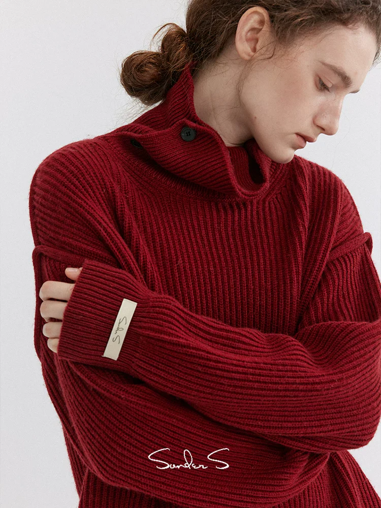 Burgundy Ribbed Convertible-Collar Sweater - Image 5