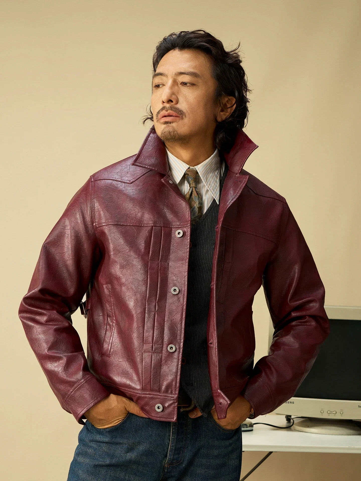 Burgundy Snap-Front Faux Leather Jacket - Image 3