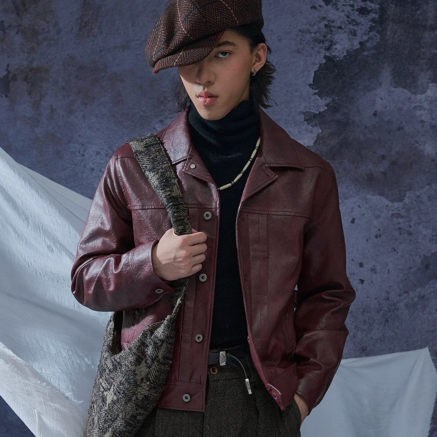Burgundy Snap-Front Faux Leather Jacket - Image 4