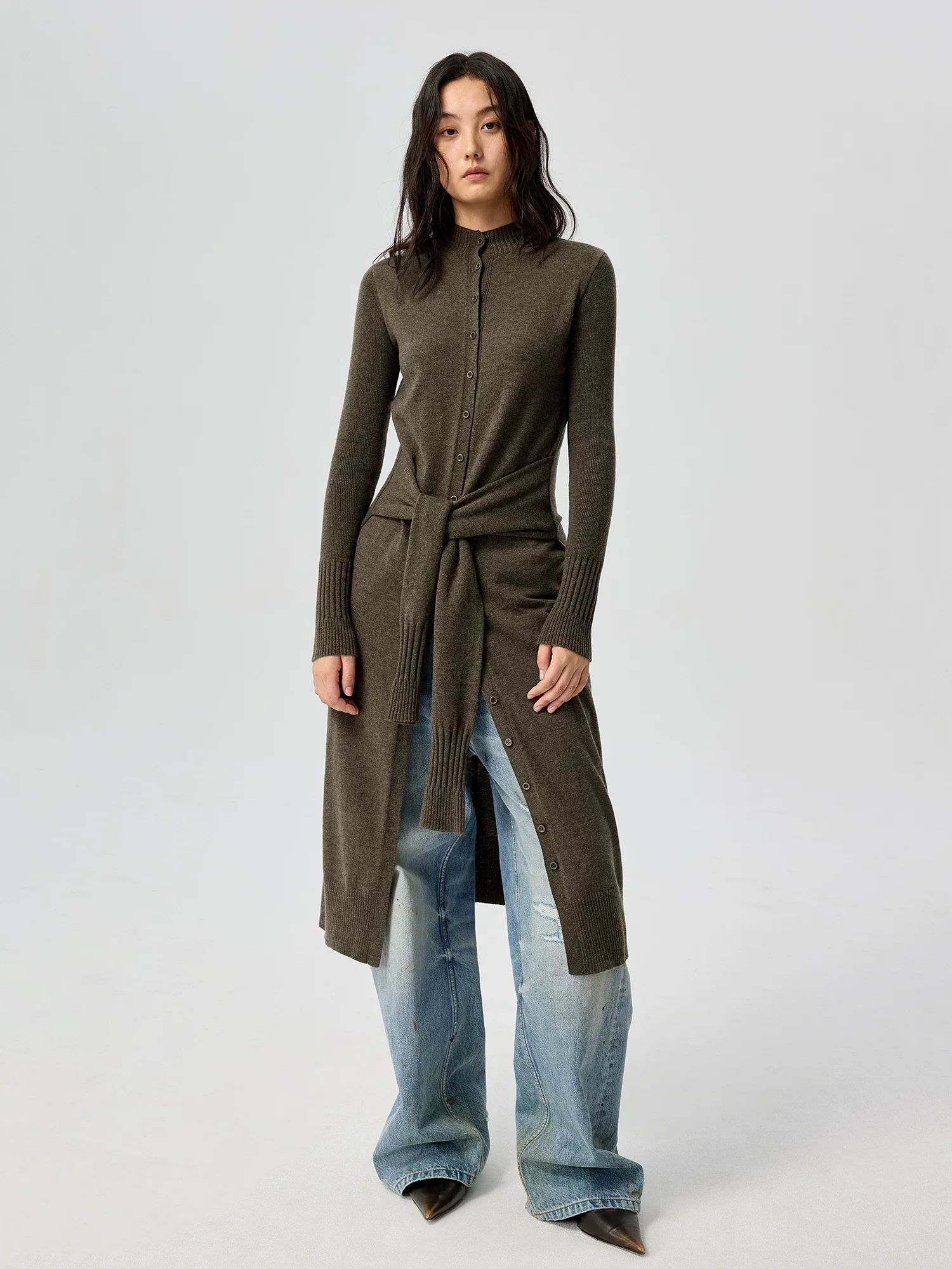 Button-Front Knit Belted Midi Dress