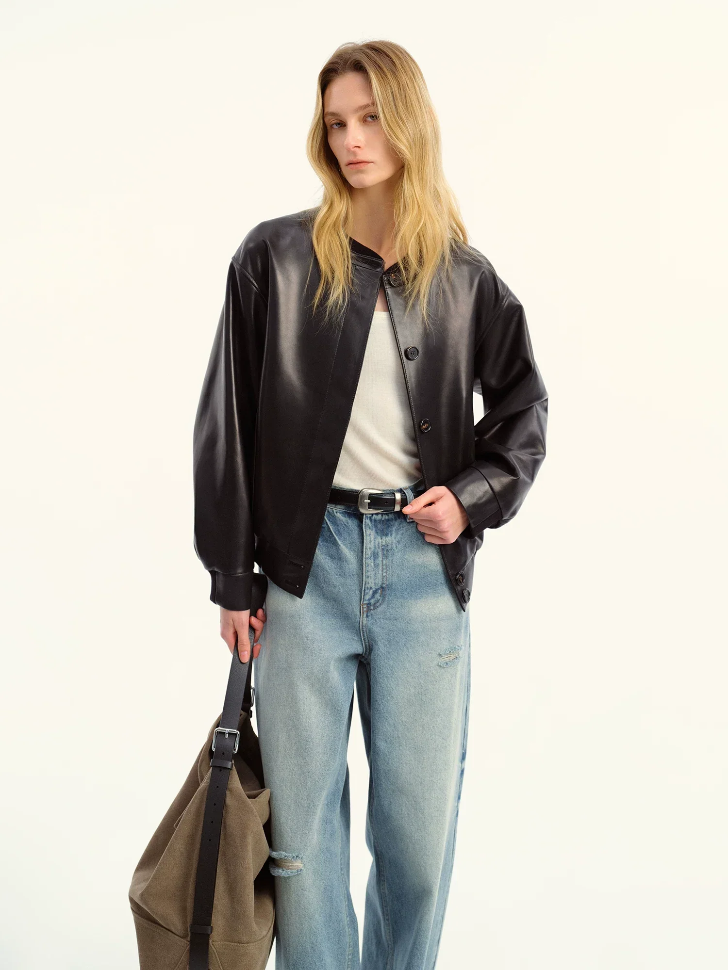 Button Leather Bomber
