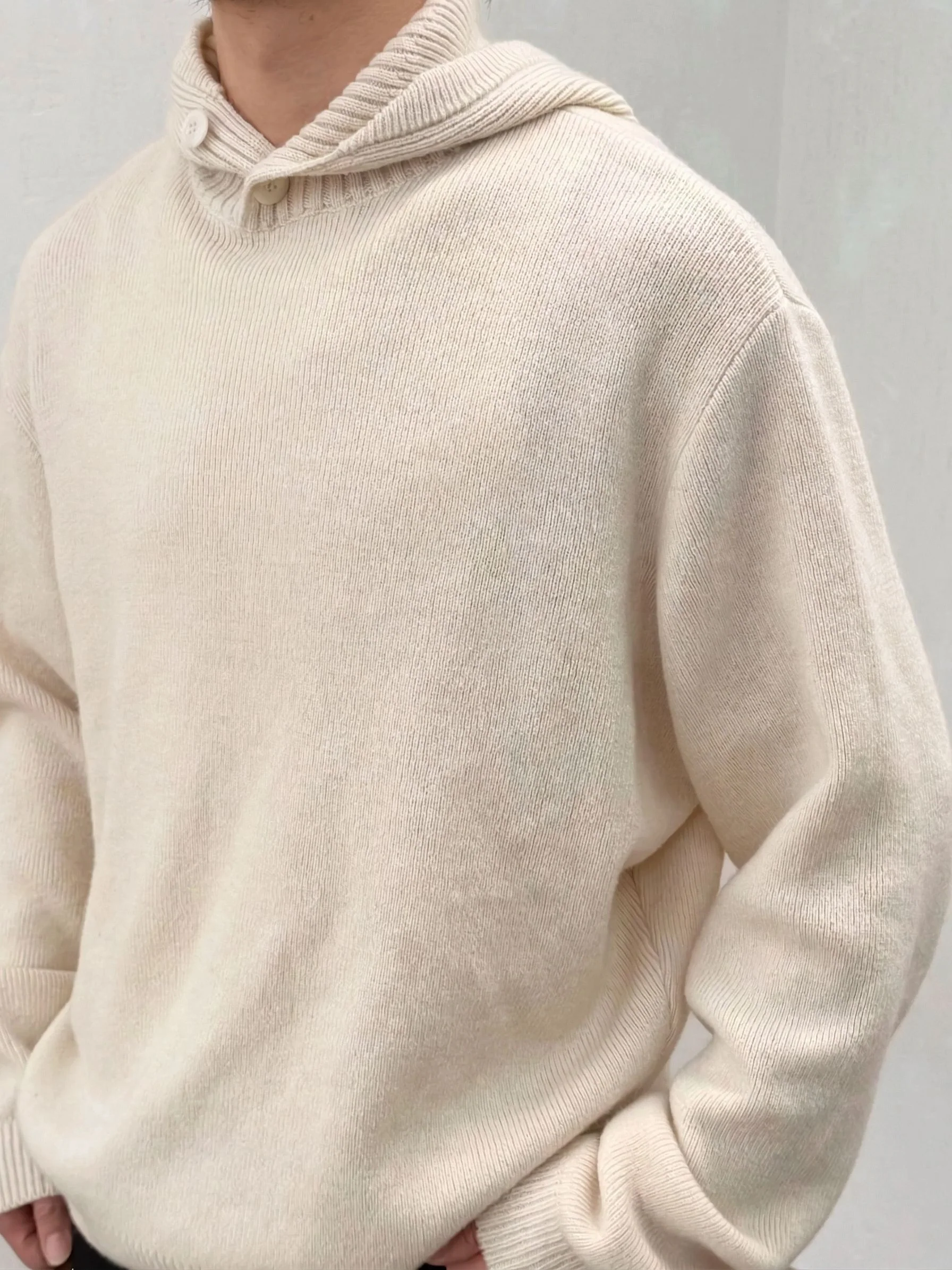 Button-Neck Hooded Sweater