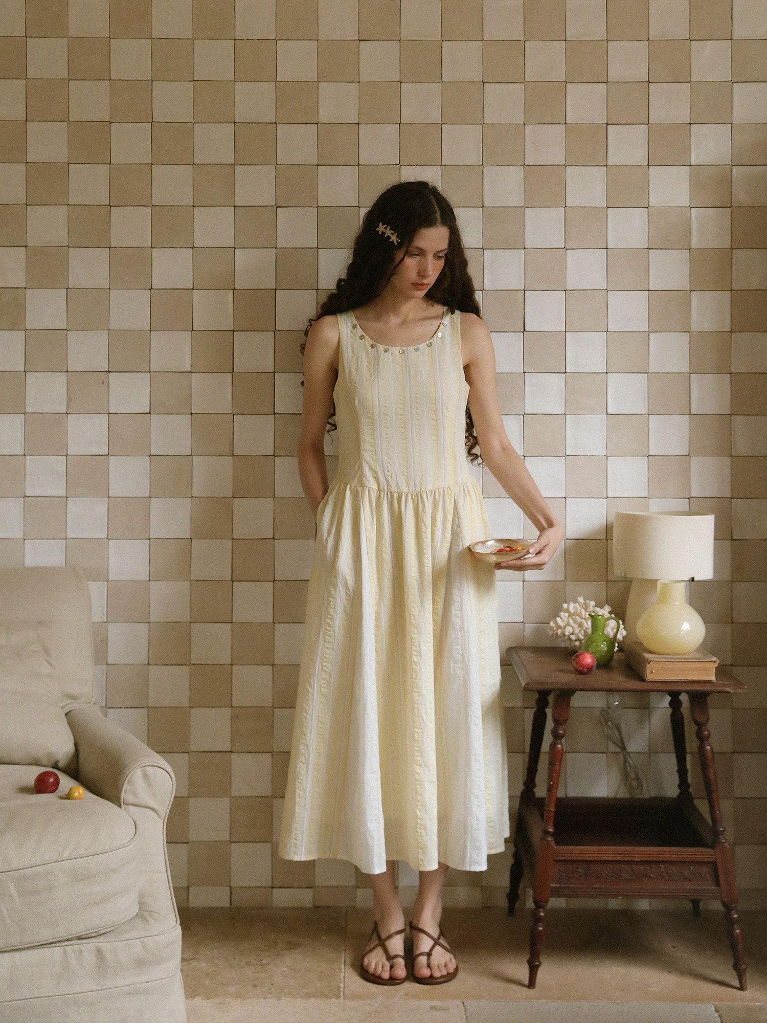 Button-Trim Midi Dress