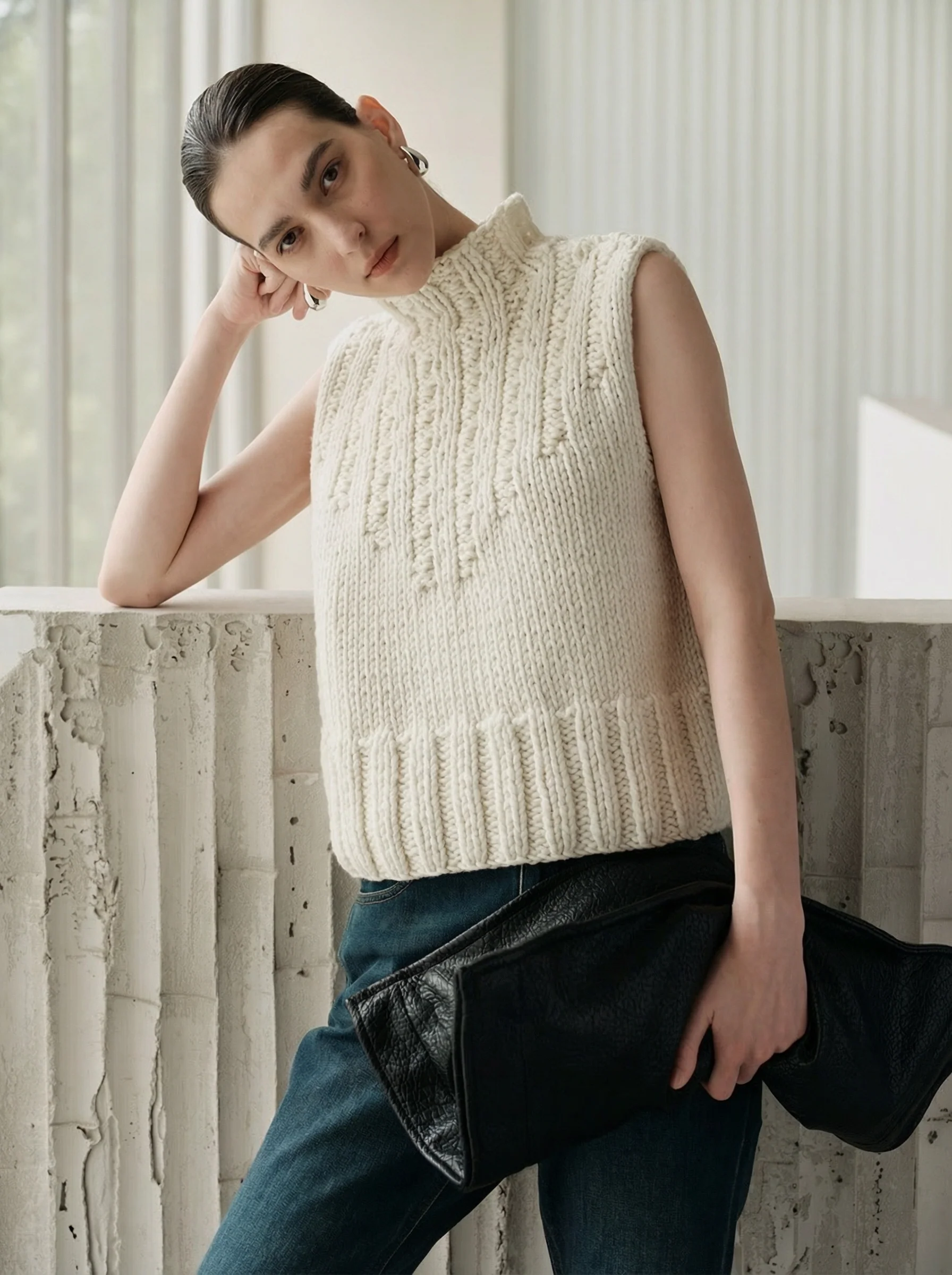 Cable Knit Mock Neck Vest