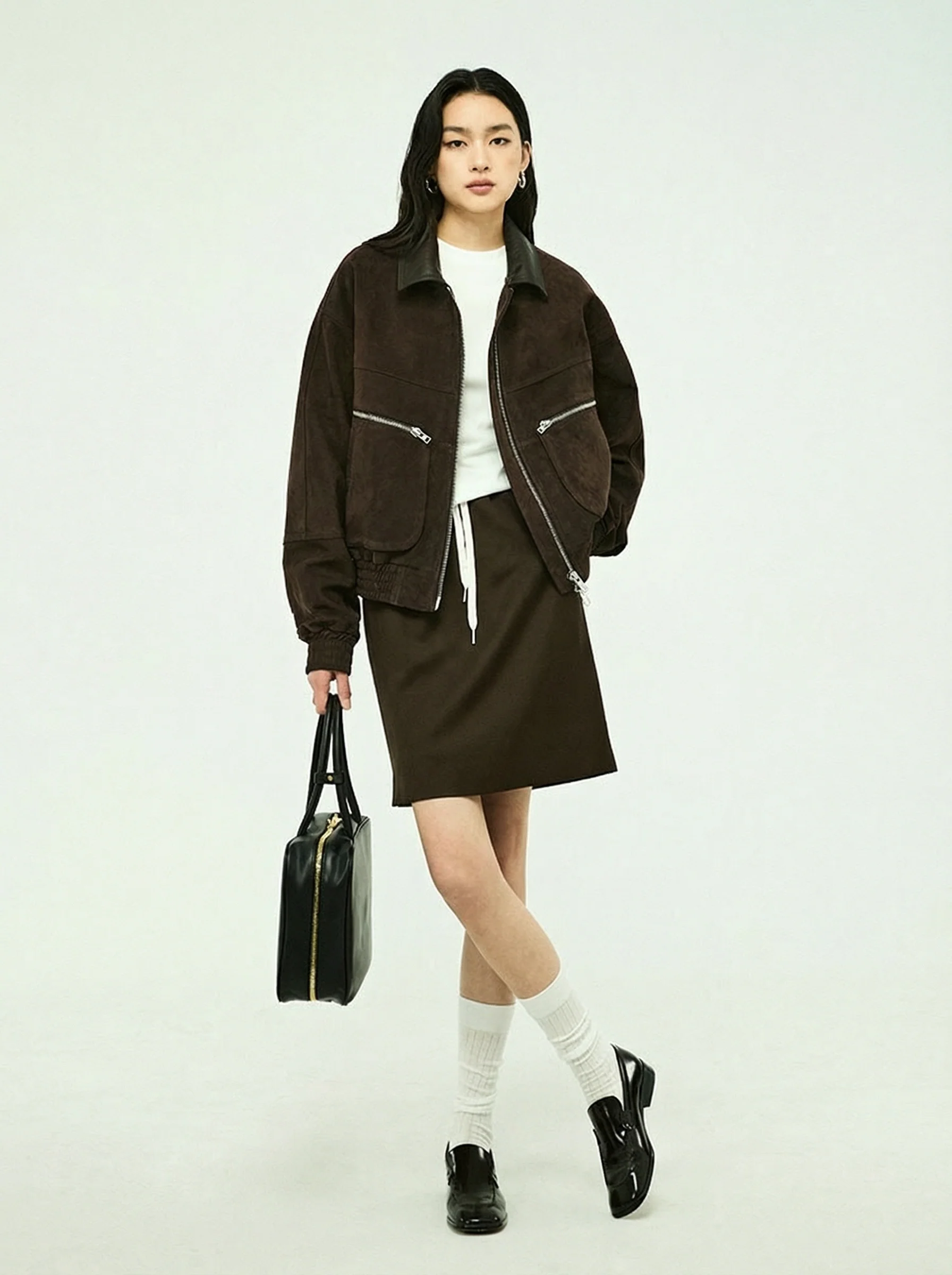 Calf Suede Contrast Collar Bomber