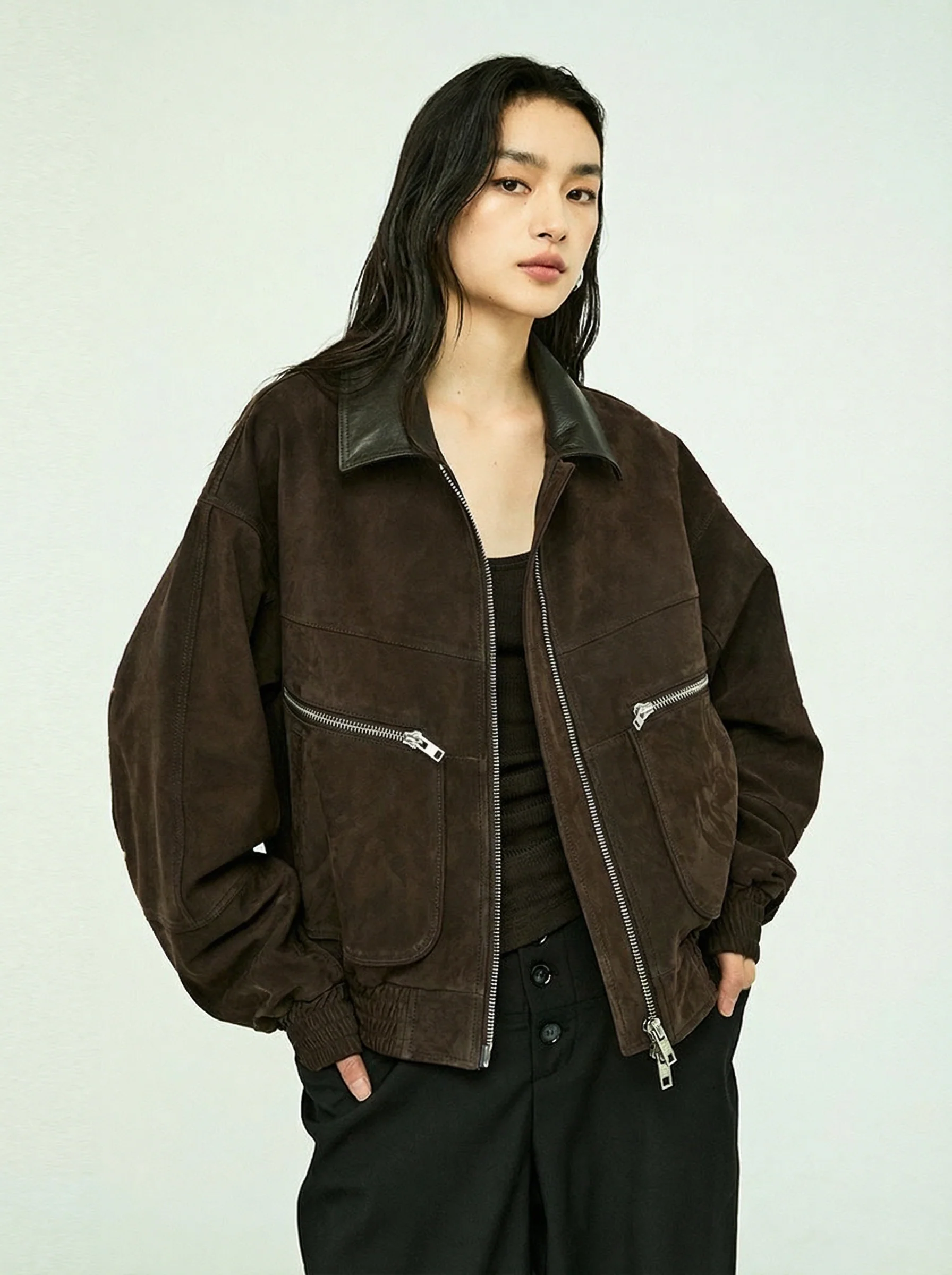 Calf Suede Contrast Collar Bomber - Image 3