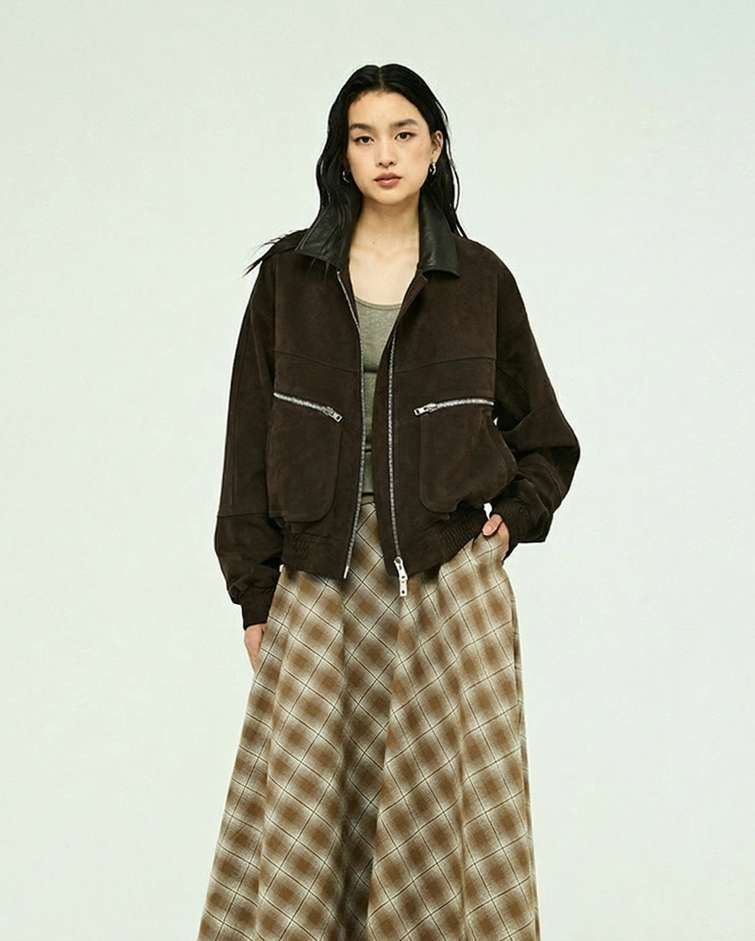 Calf Suede Contrast Collar Bomber - Image 4