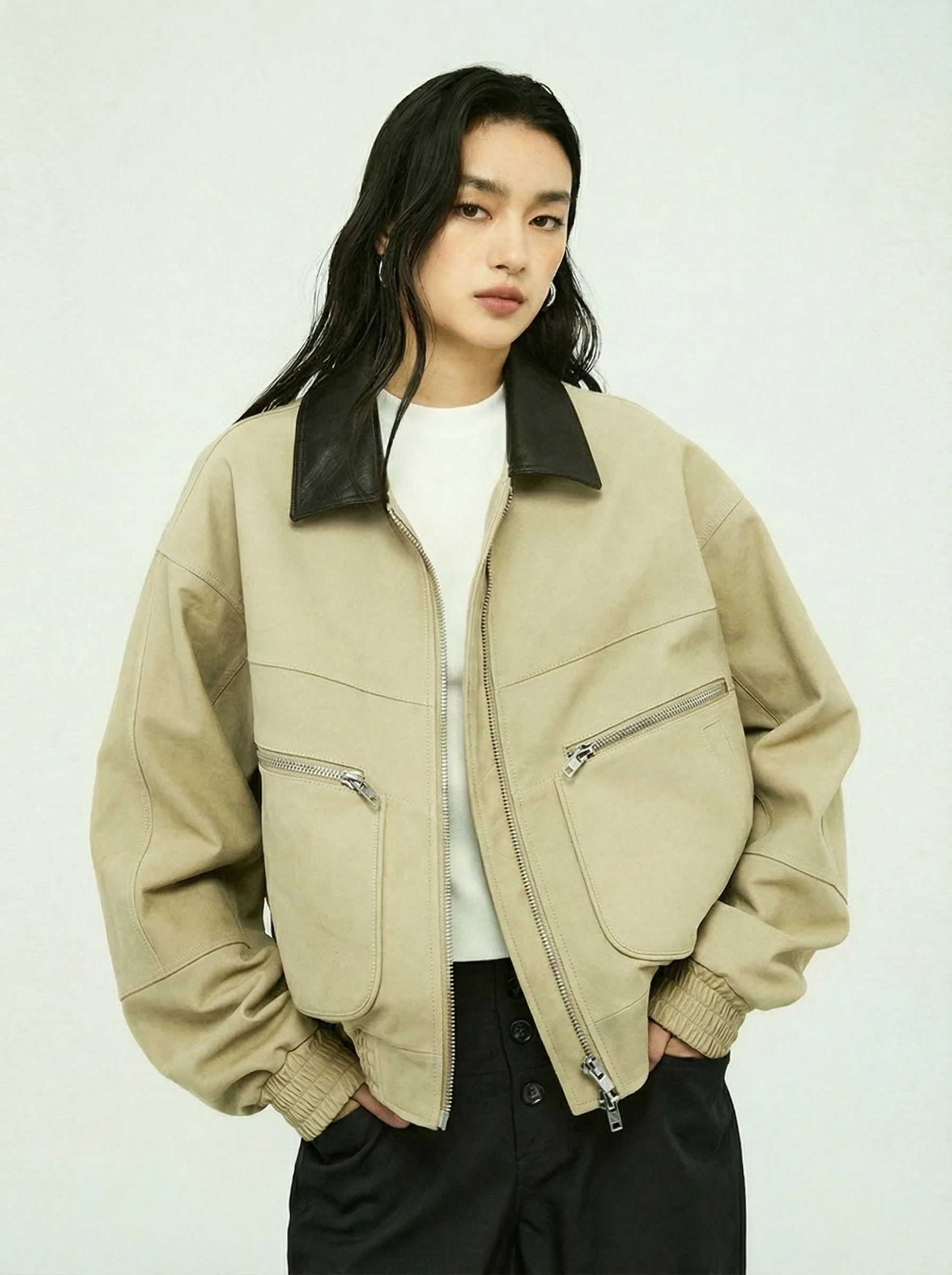 Calf Suede Contrast Collar Bomber - Image 5