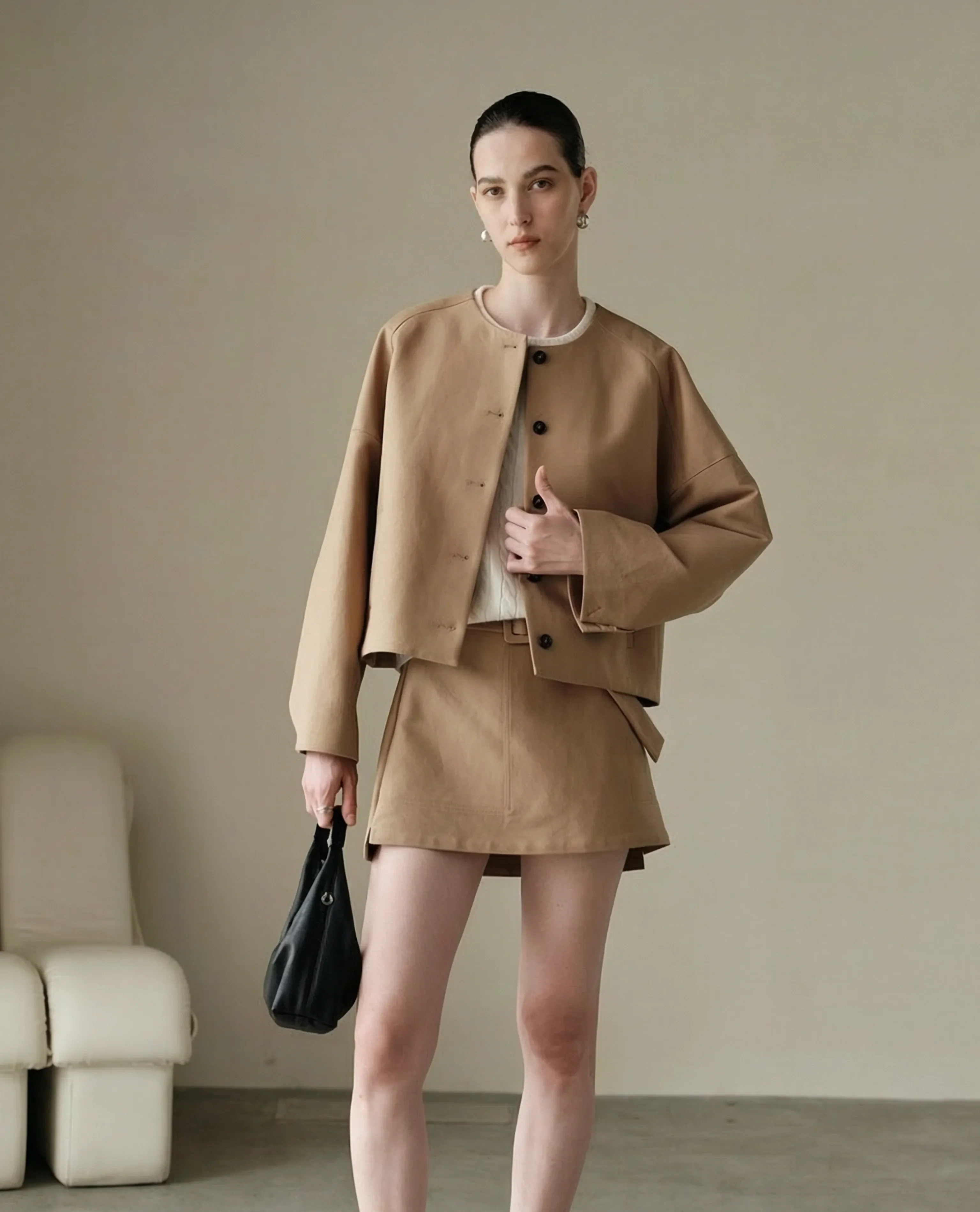 Camel Cropped Jacket & Belted Mini Skirt Set - Image 4