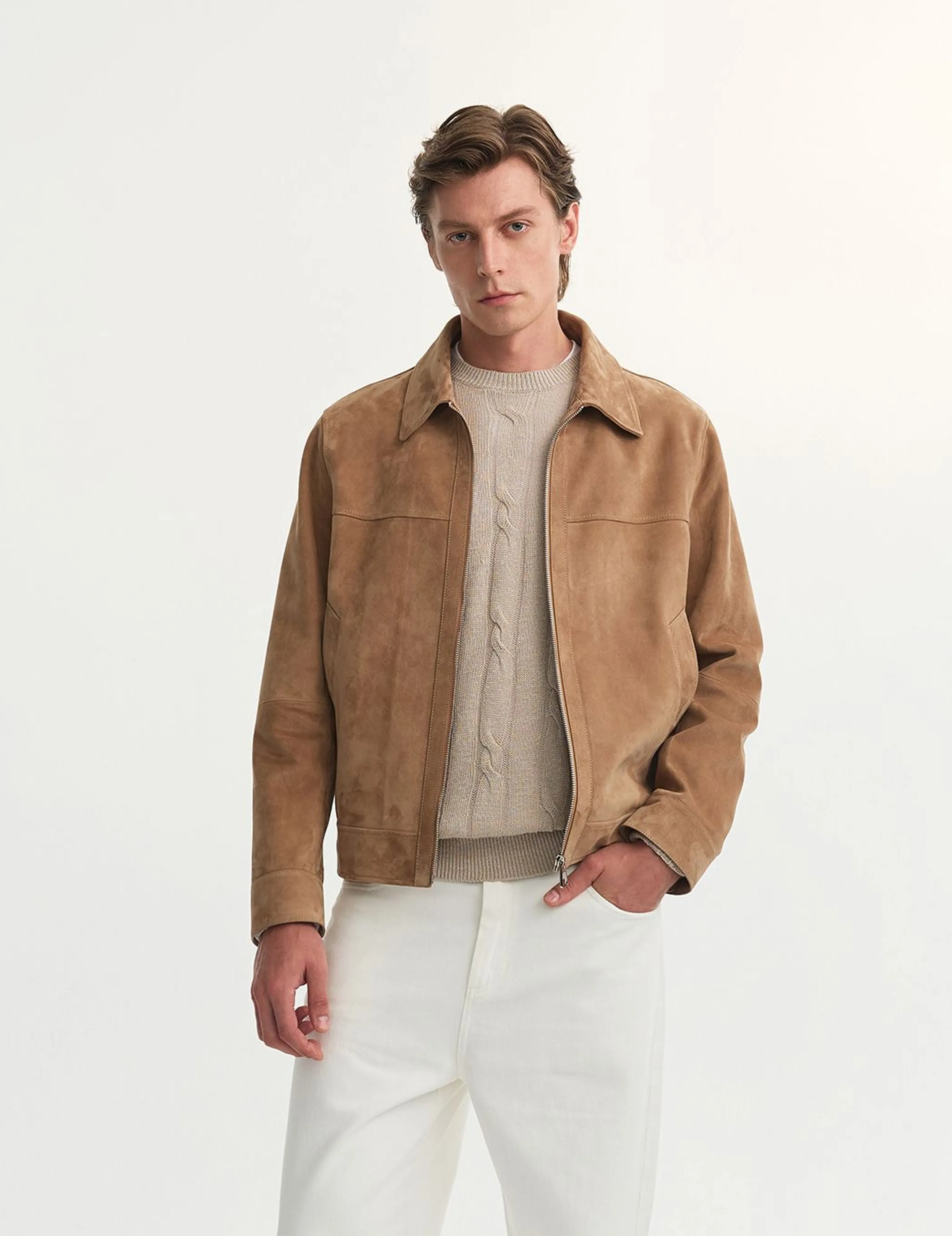 Camel Lambskin Suede Zip Jacket