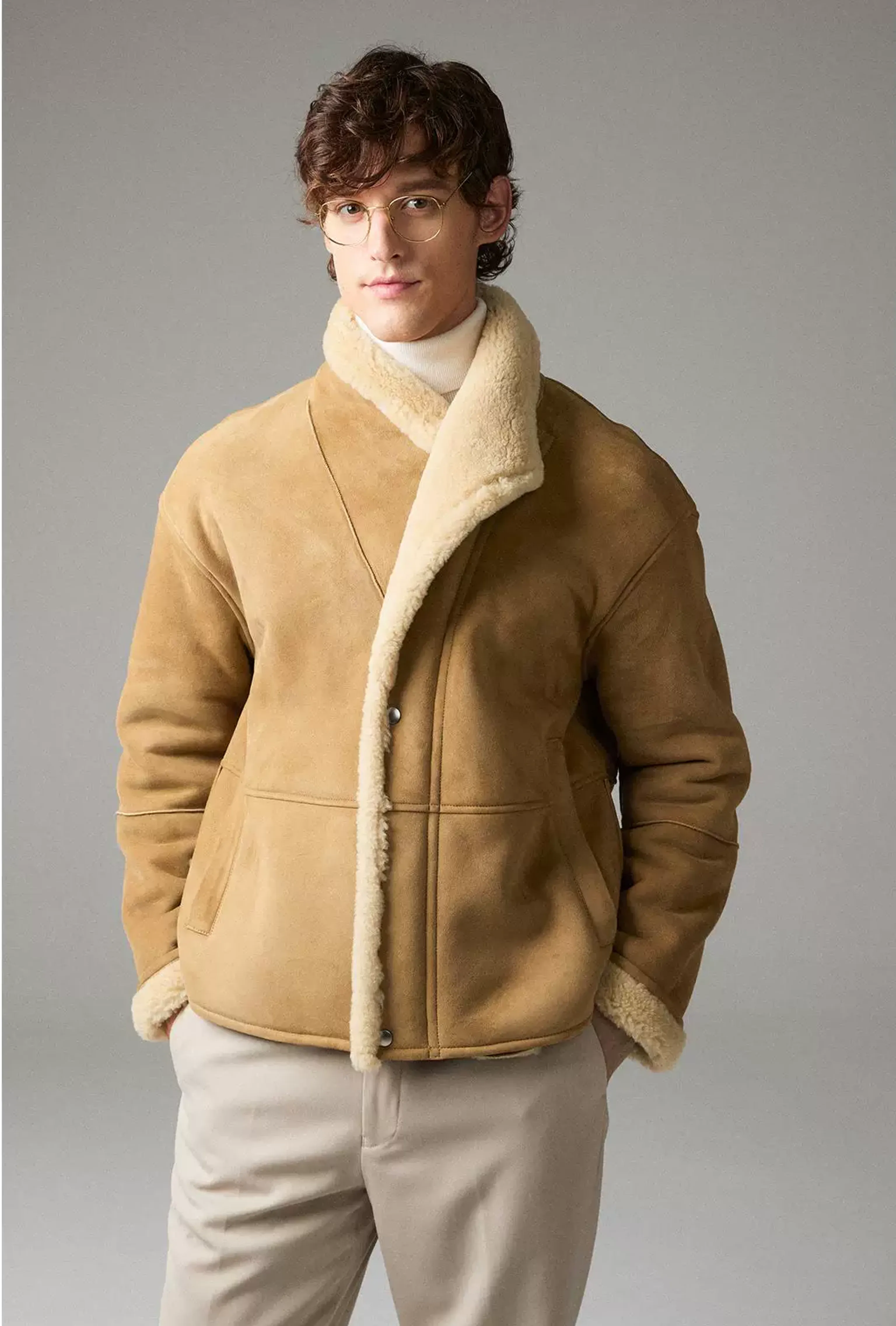 Camel Shearling Shawl-Collar Jacket