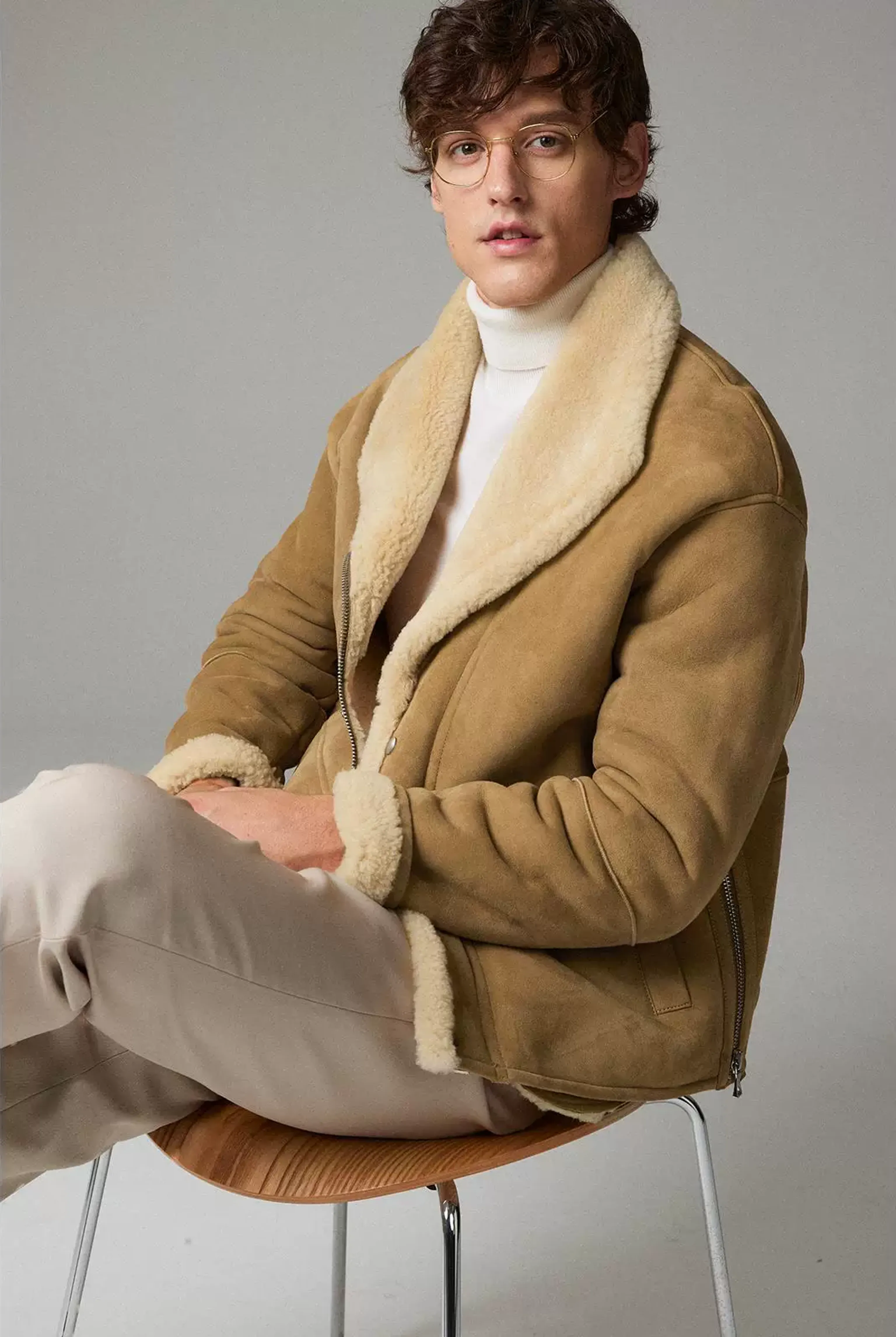 Camel Shearling Shawl-Collar Jacket - Image 2
