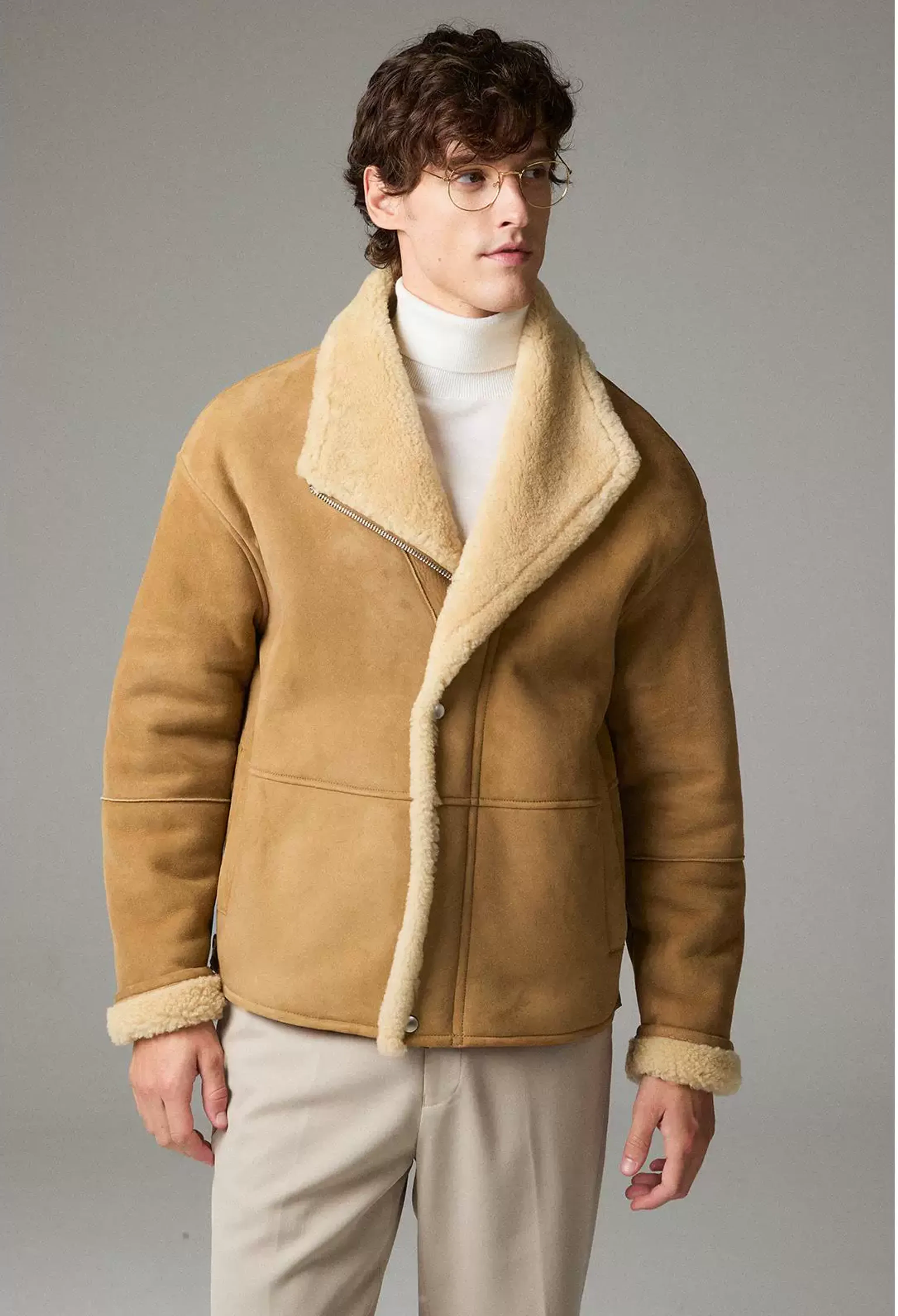 Camel Shearling Shawl-Collar Jacket - Image 4