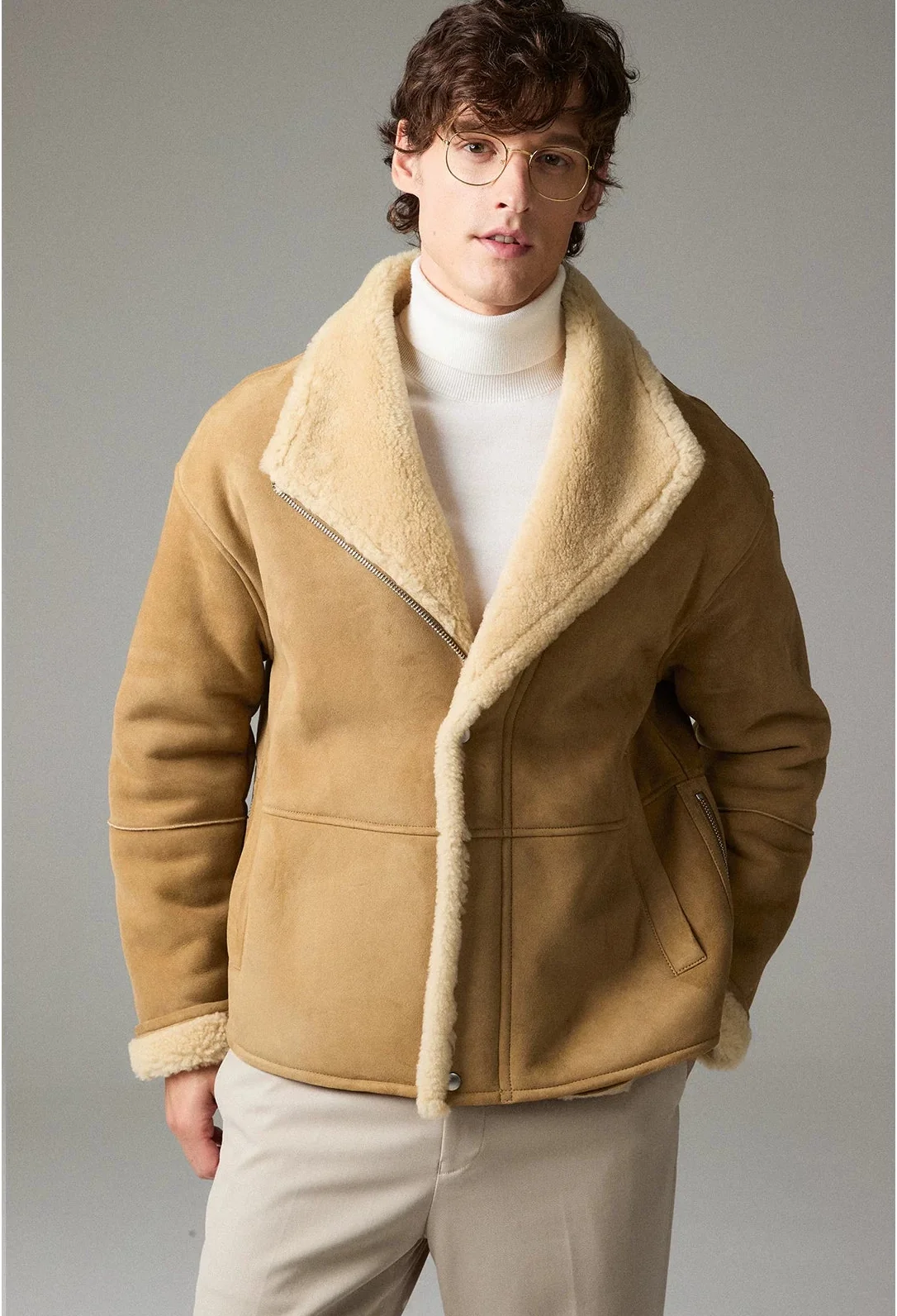 Camel Shearling Shawl-Collar Jacket - Image 6