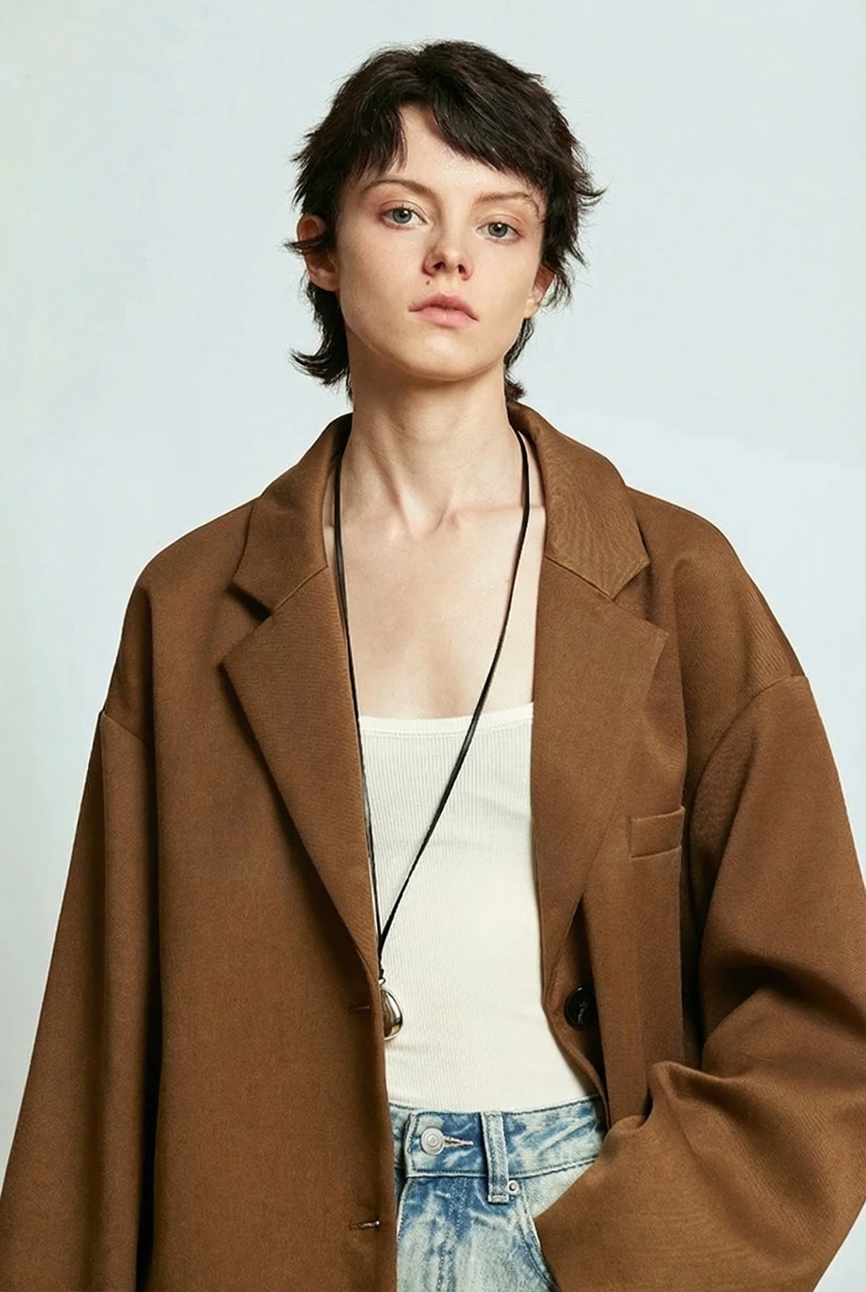 Camel Wool-Acetate Longline Blazer - Image 3