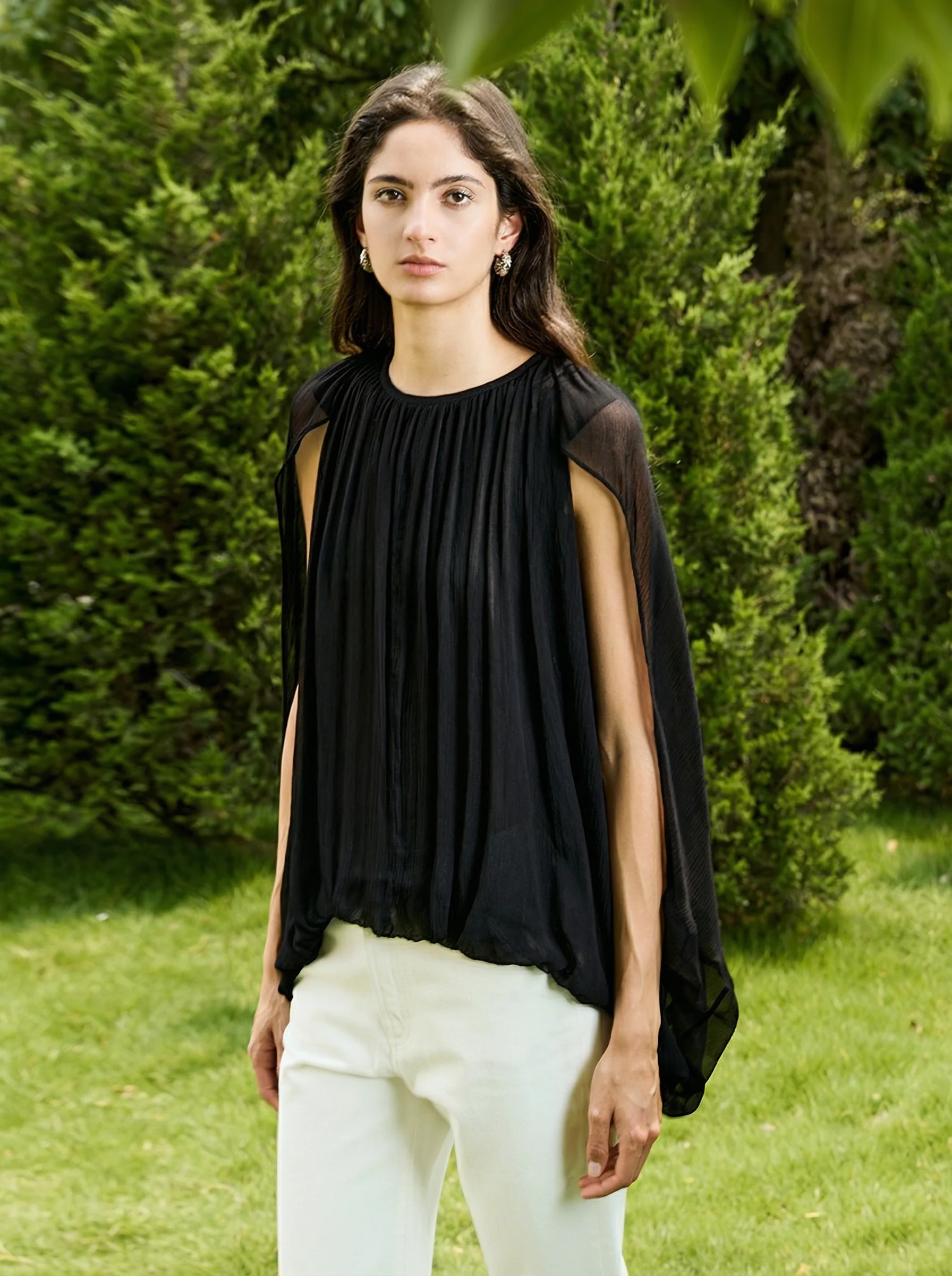 Cape Sleeve Round-Neck Blouson Top