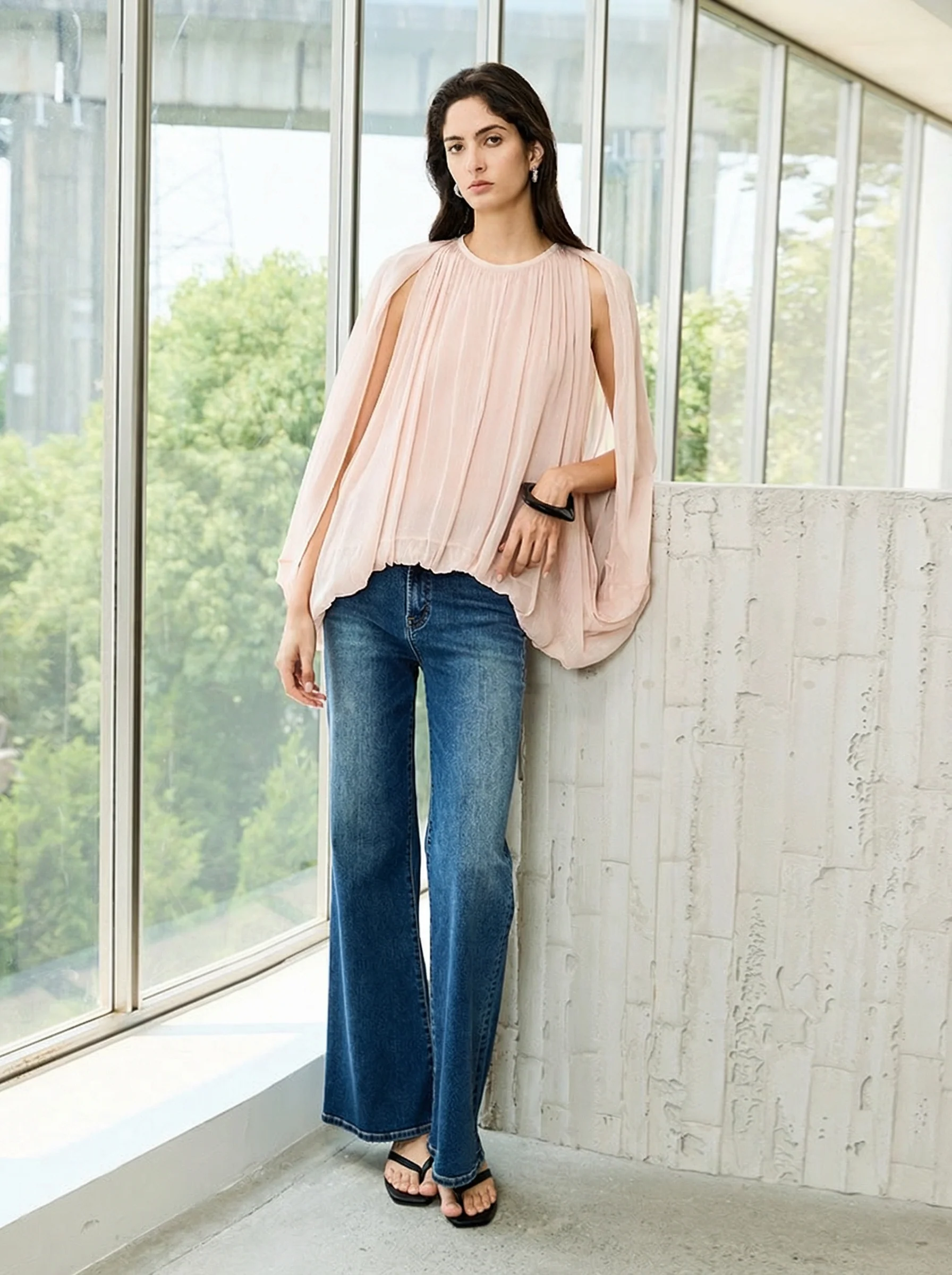 Cape Sleeve Round-Neck Blouson Top - Image 2