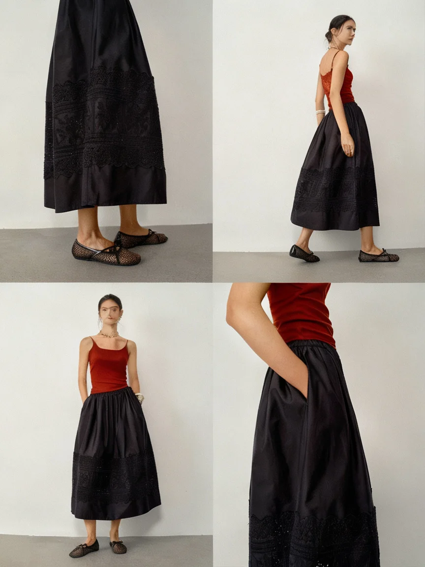 Carved Eyelet Embroidered Midi Skirt