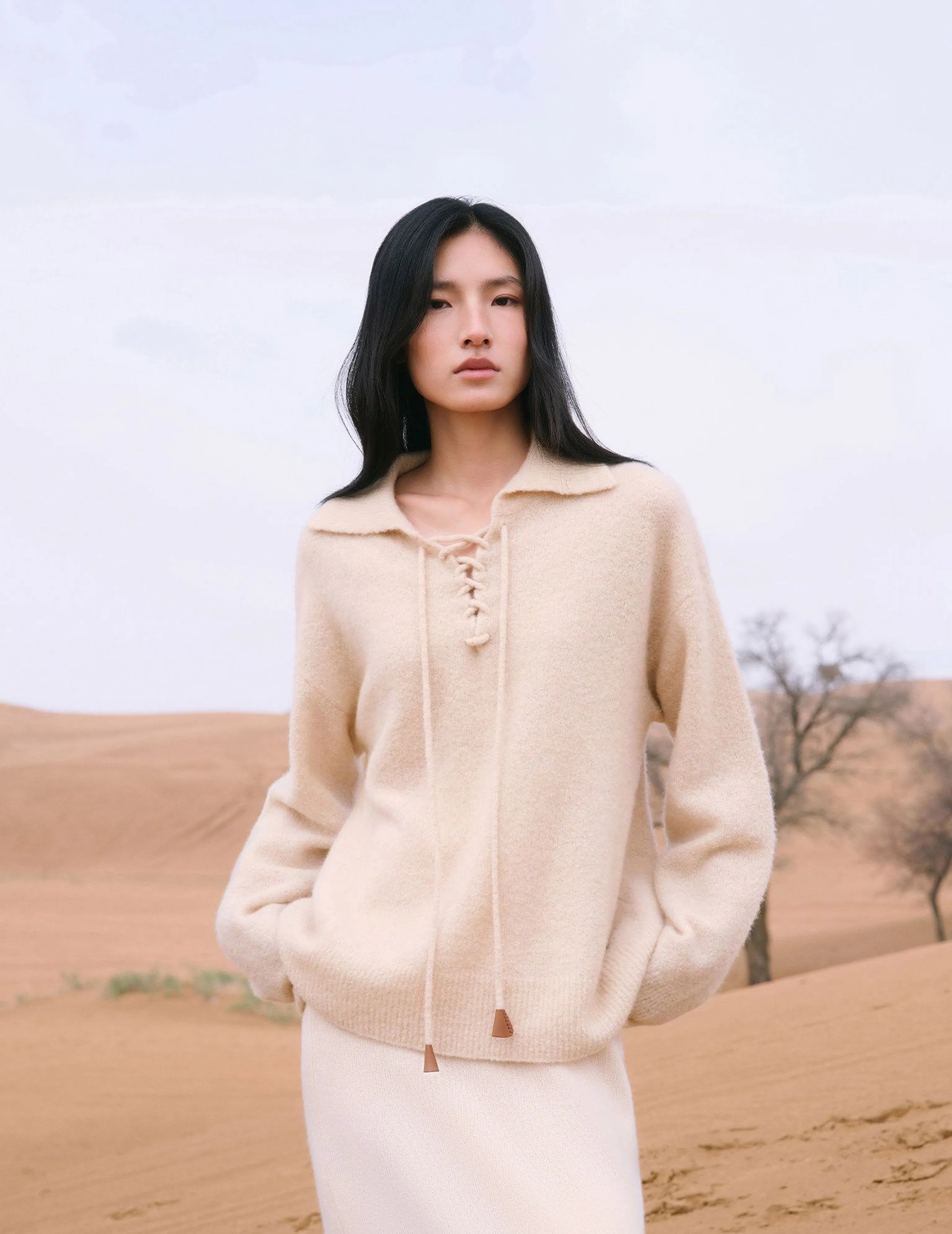 Cashmere-Blend Lace-Up Collar Sweater