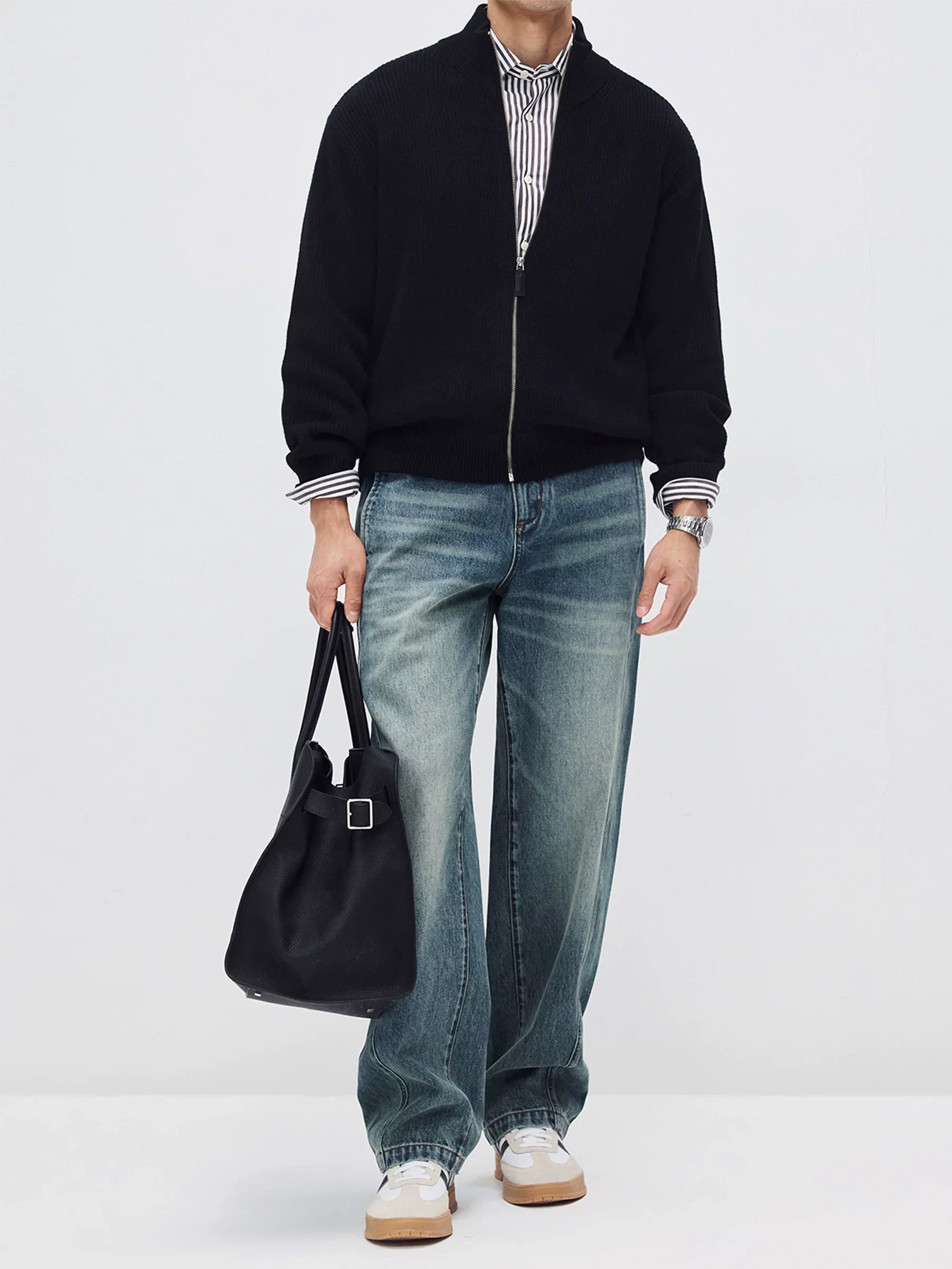 Cashmere Wool Stand-Collar Zip Cardigan