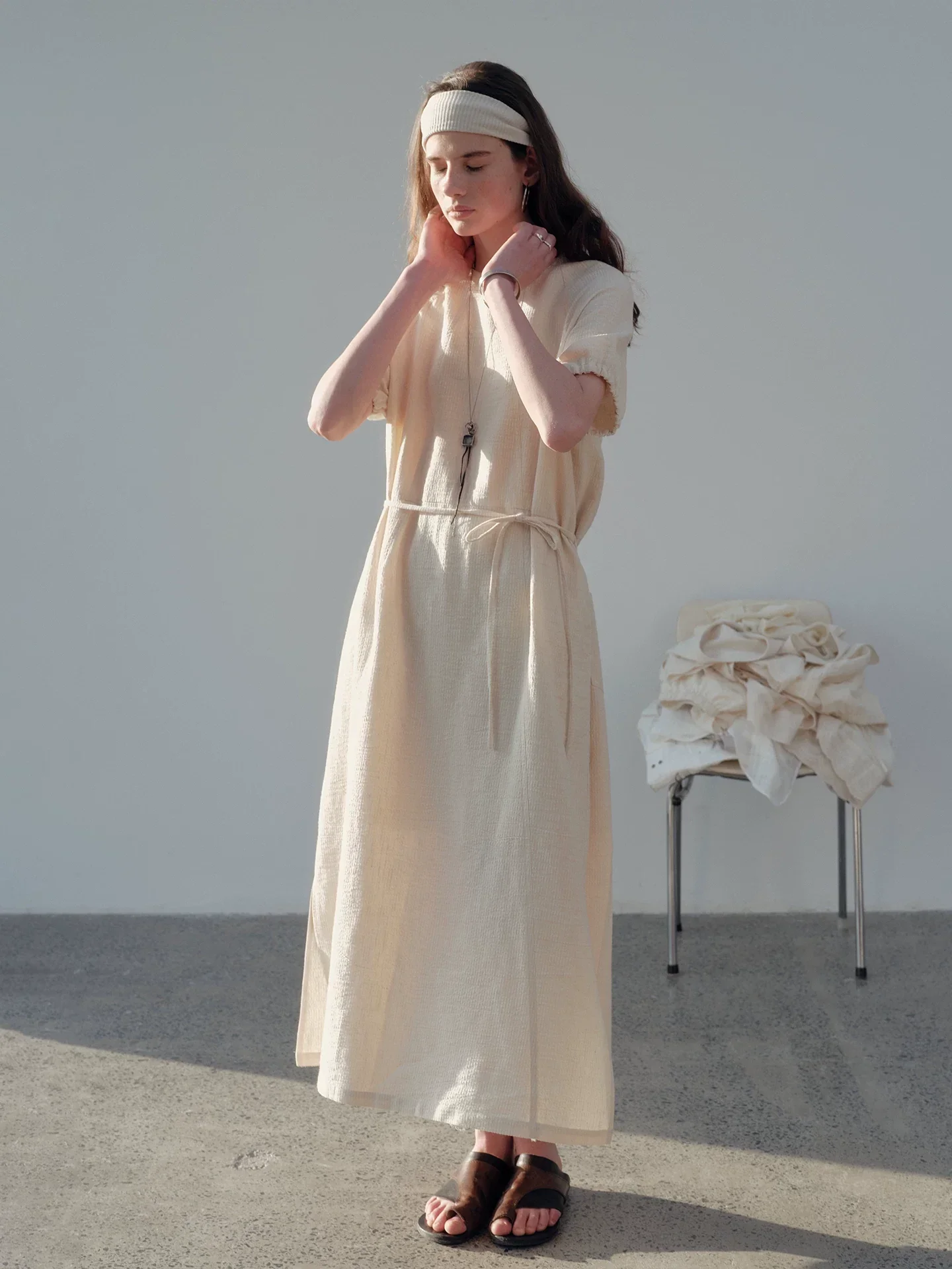 Ceramic Ramie-Blend Belted Dress