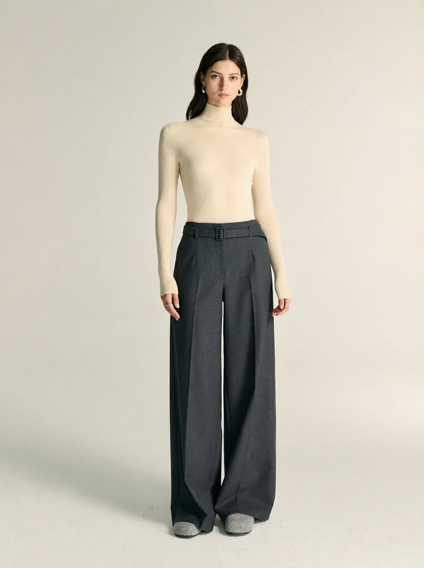 Charcoal Belted Wide-Leg Trousers