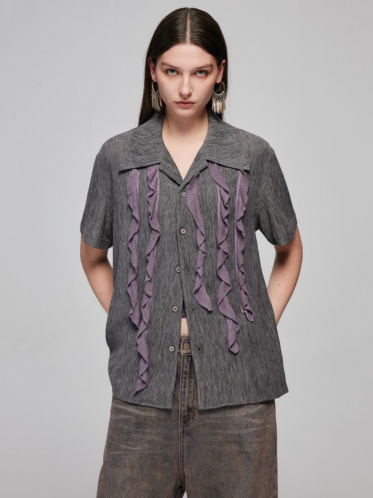 Charcoal Check Ruffle Camp Shirt - Image 3
