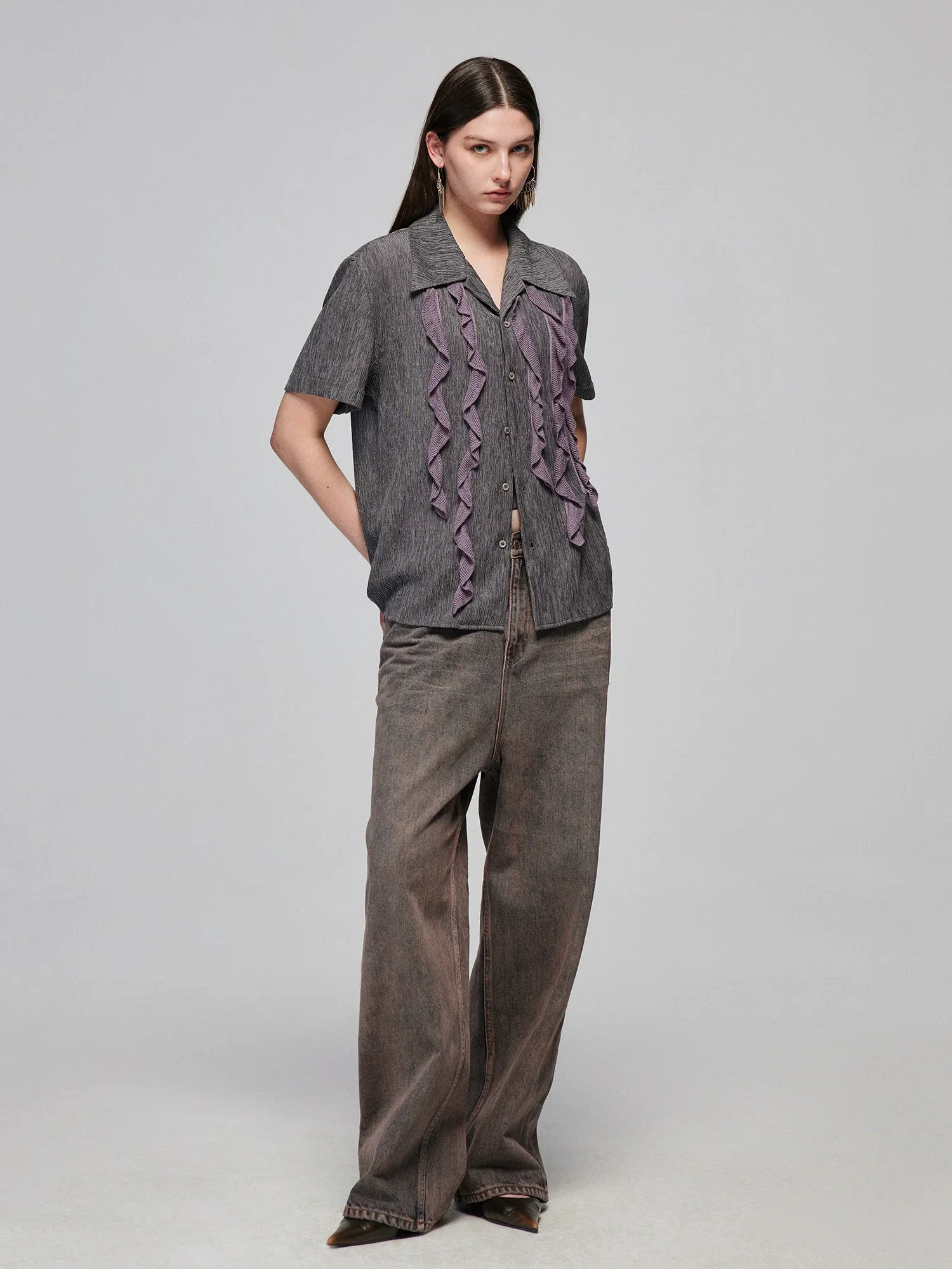 Charcoal Check Ruffle Camp Shirt - Image 4