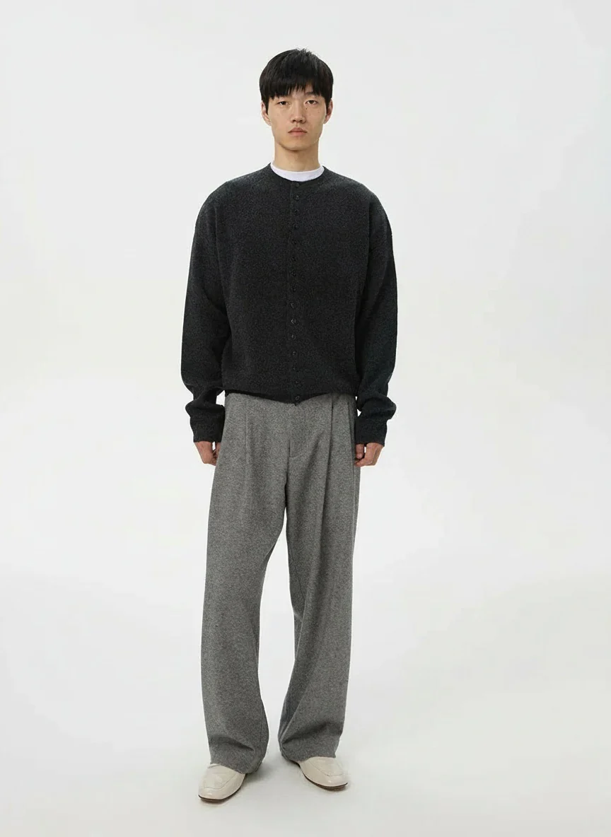 Charcoal Crew-Neck Wool Cardigan