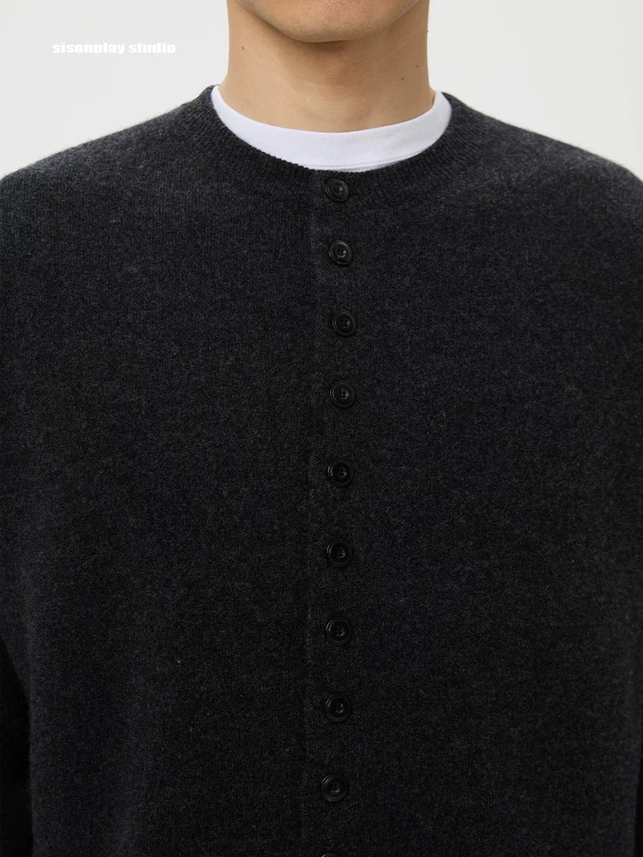 Charcoal Crew-Neck Wool Cardigan - Image 6